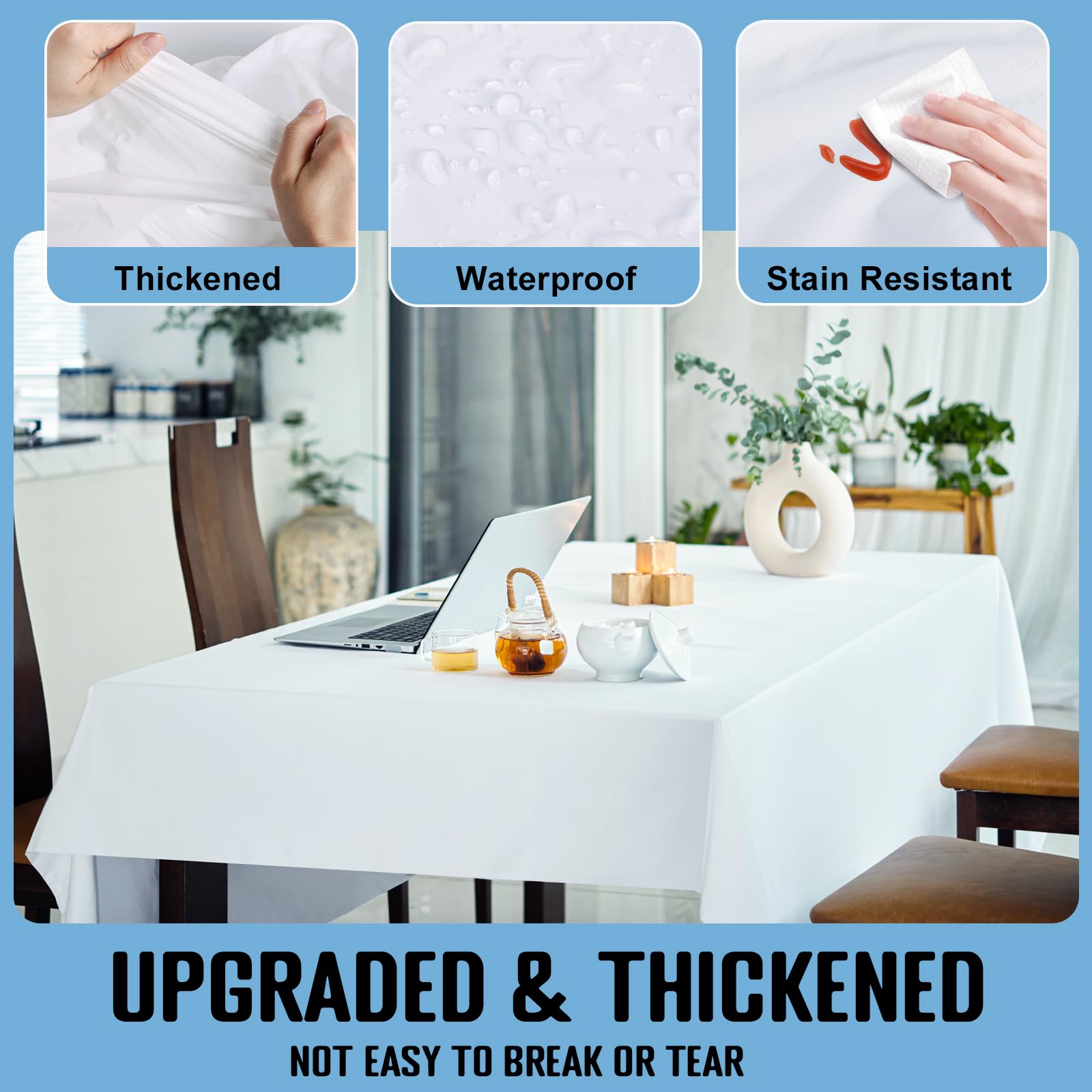 Tovaglia usa e getta, confezione da 10, 137 x 274 cm, in plastica impermeabile, rettangolare, per feste, matrimoni, riunioni, campeggio, picnic, colore bianco