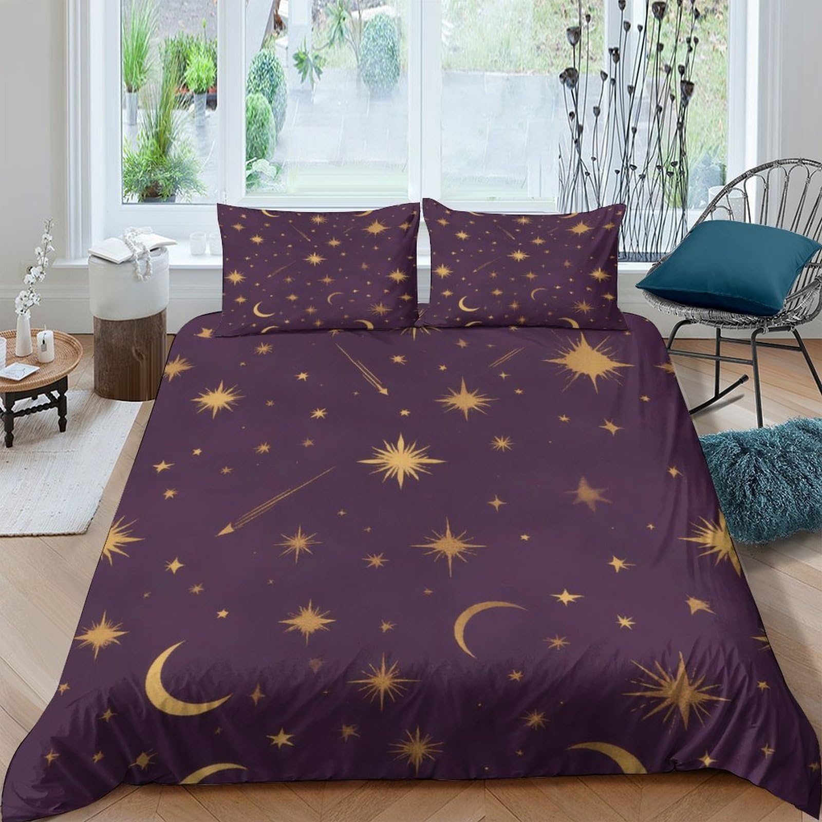 Ctjqhvkz Style-9 3D Printed Moon Star Pattern Fitted Sheet Microfiber Dark Purple Cosmic Sky Mattress Cover For Bedroom Guest Room Single（135X200cm）