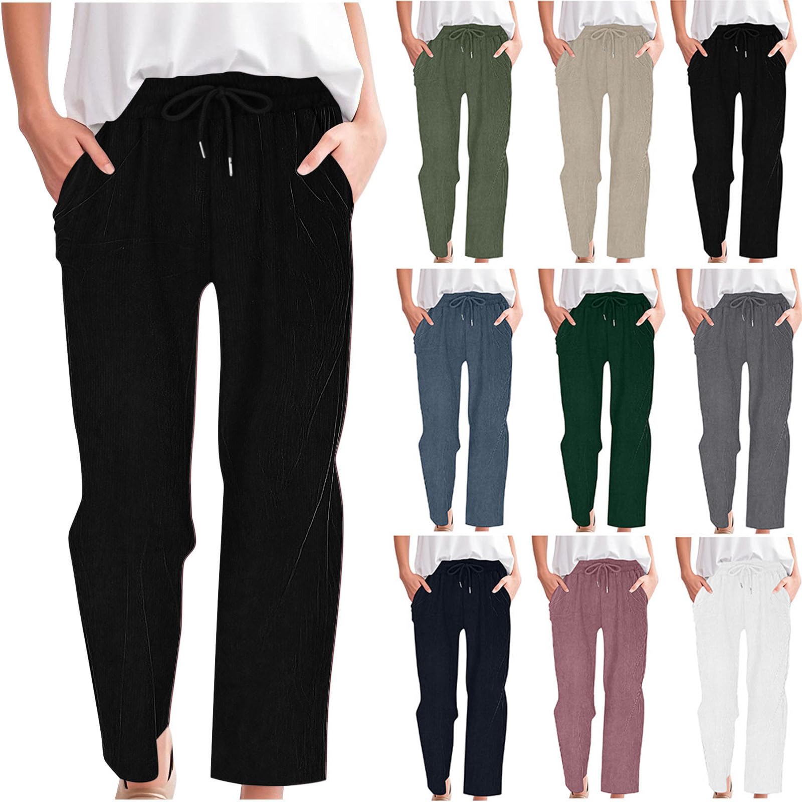 Corduroy Pant for Women Fashion Casual Loose Solid Straight Leg Pants Drawstring Elastic Trousers with Pocket
