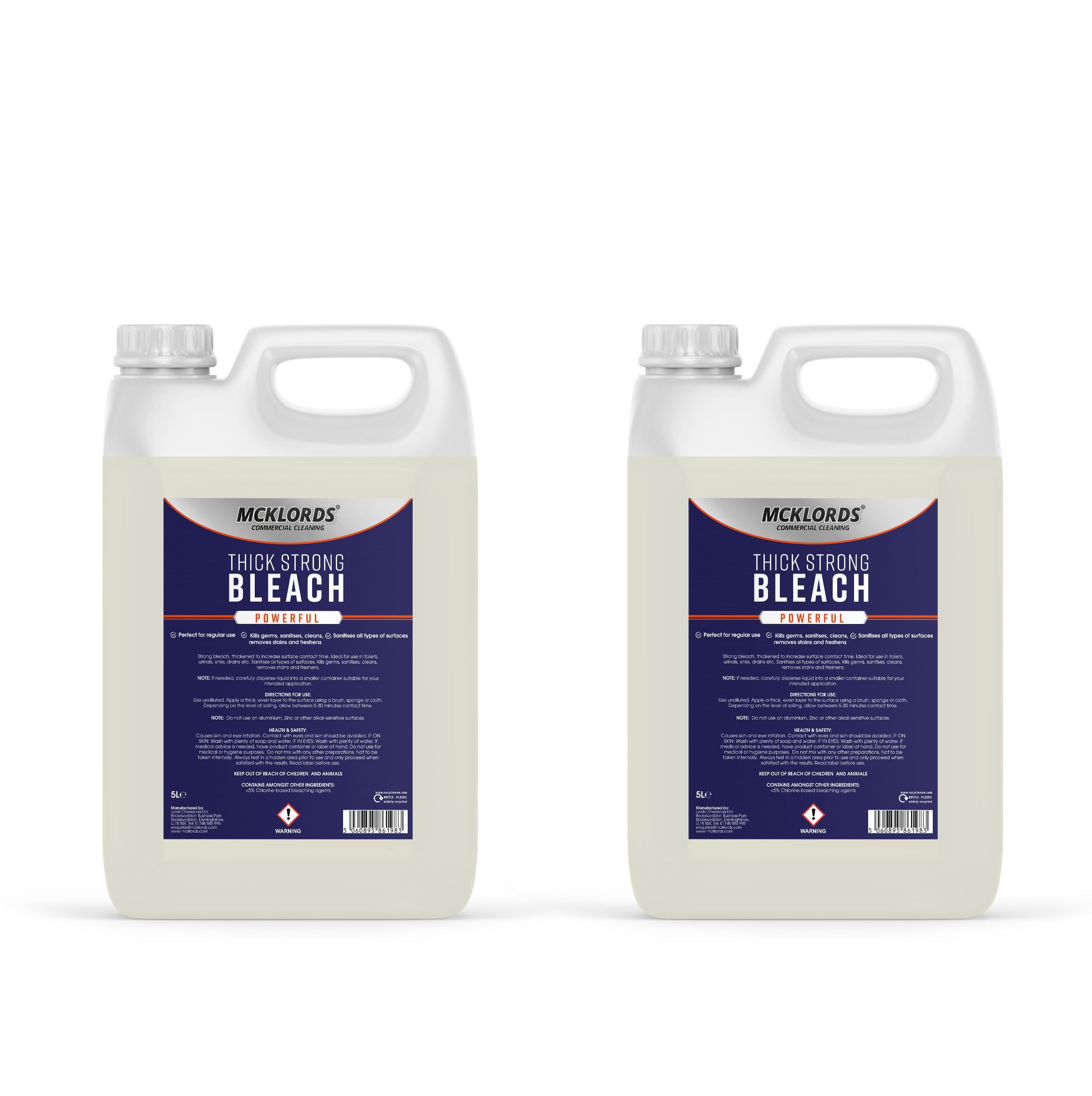 McKLords Commercial - Thick Strong Bleach 5 Litre Multi-pack - Heavy-Duty Cleaning Bleach for Toilets, Drains, Bathrooms & Kitchens - Long-Lasting Performance for Deep Surface Cleaning