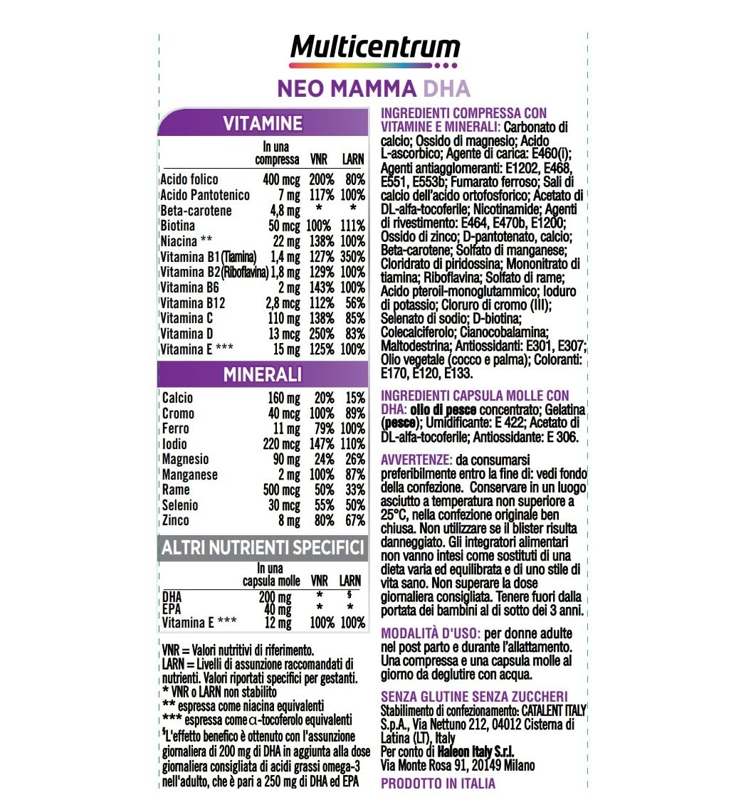 Multicentrum Neo Mamma DHA, Integratore Multivitaminico specifico per la donna dopo la gravidanza e durante l'allattamento, ricco di Acido Folico, Vitamina d, b12 e biotina, 30cpr +30 capsule molli