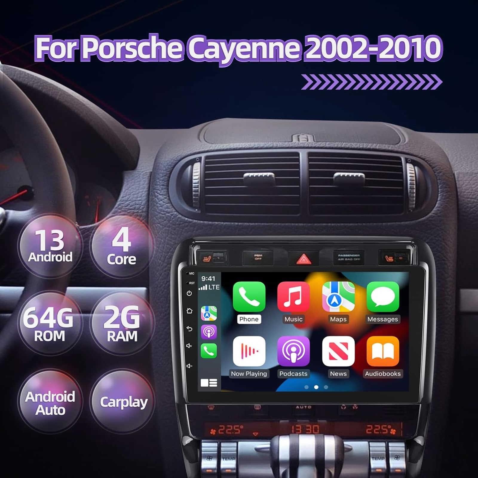 Android 13 Radio Coche para Porsche Cayenne 2002-2010 con Apple Carplay y Android Auto 9inch Pantalla táctil Estéreo de Coche Navegación GPS Hi-Fi + AHD Cámara de Respaldo y micrófono