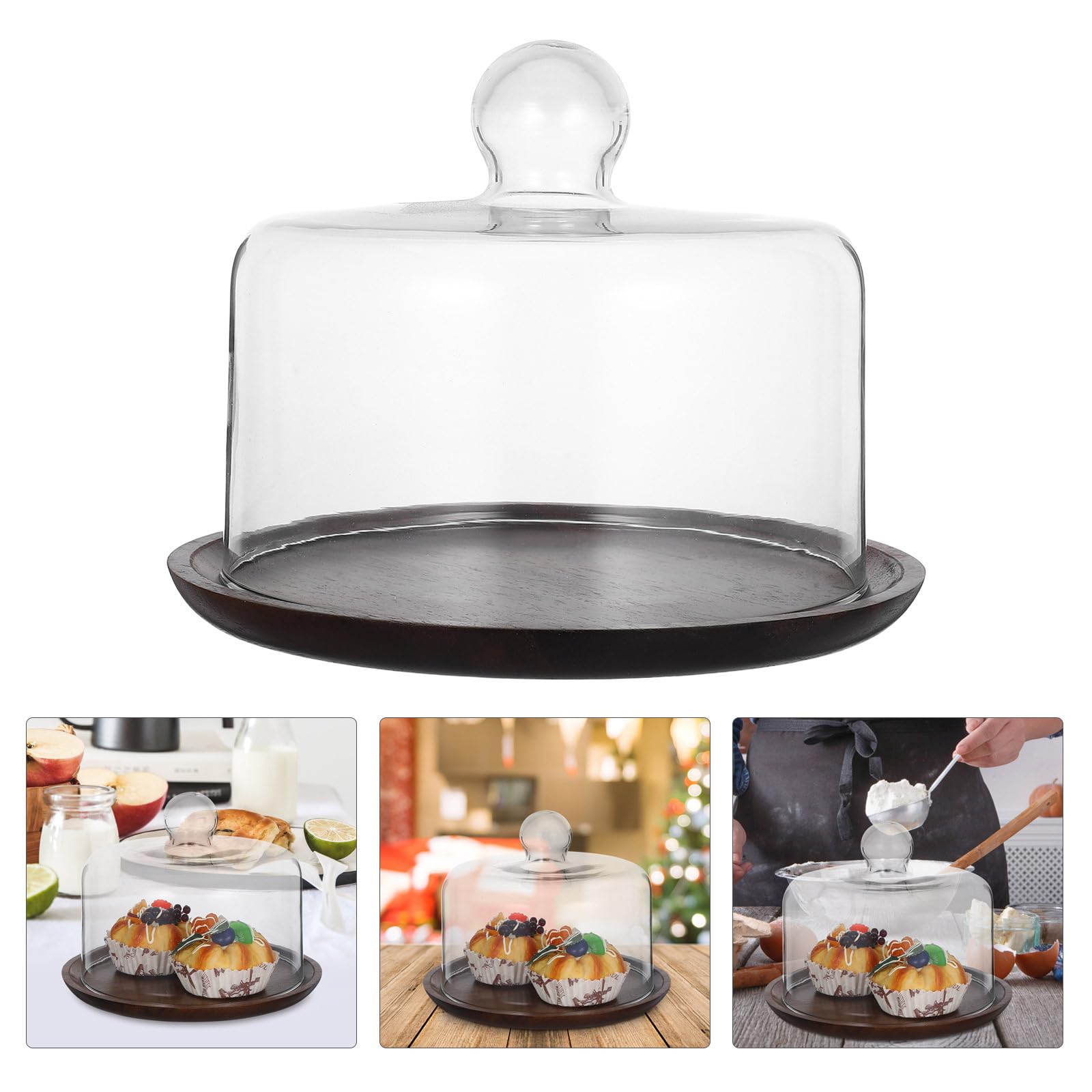 Zerodeko Bandeja para Pasteles con Cúpula de Vidrio y Base de Madera, Diseño Elegante, Portátil y Versátil para Exhibición de Postres en Fiestas