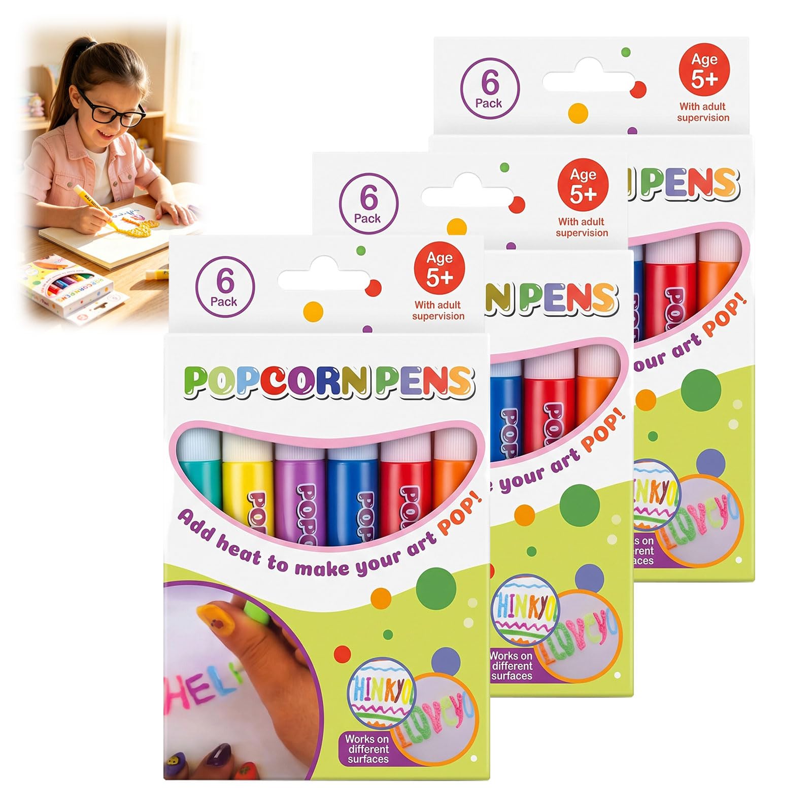 Popcorn Pens for Kids, 6Pcs 3D Bubble Popcorn Drawing Pens, Puffy Magic Ink Pens for DIY Art Crafts, Creative Drawing Kit for Birthday Cards & School Projects (3pcs)