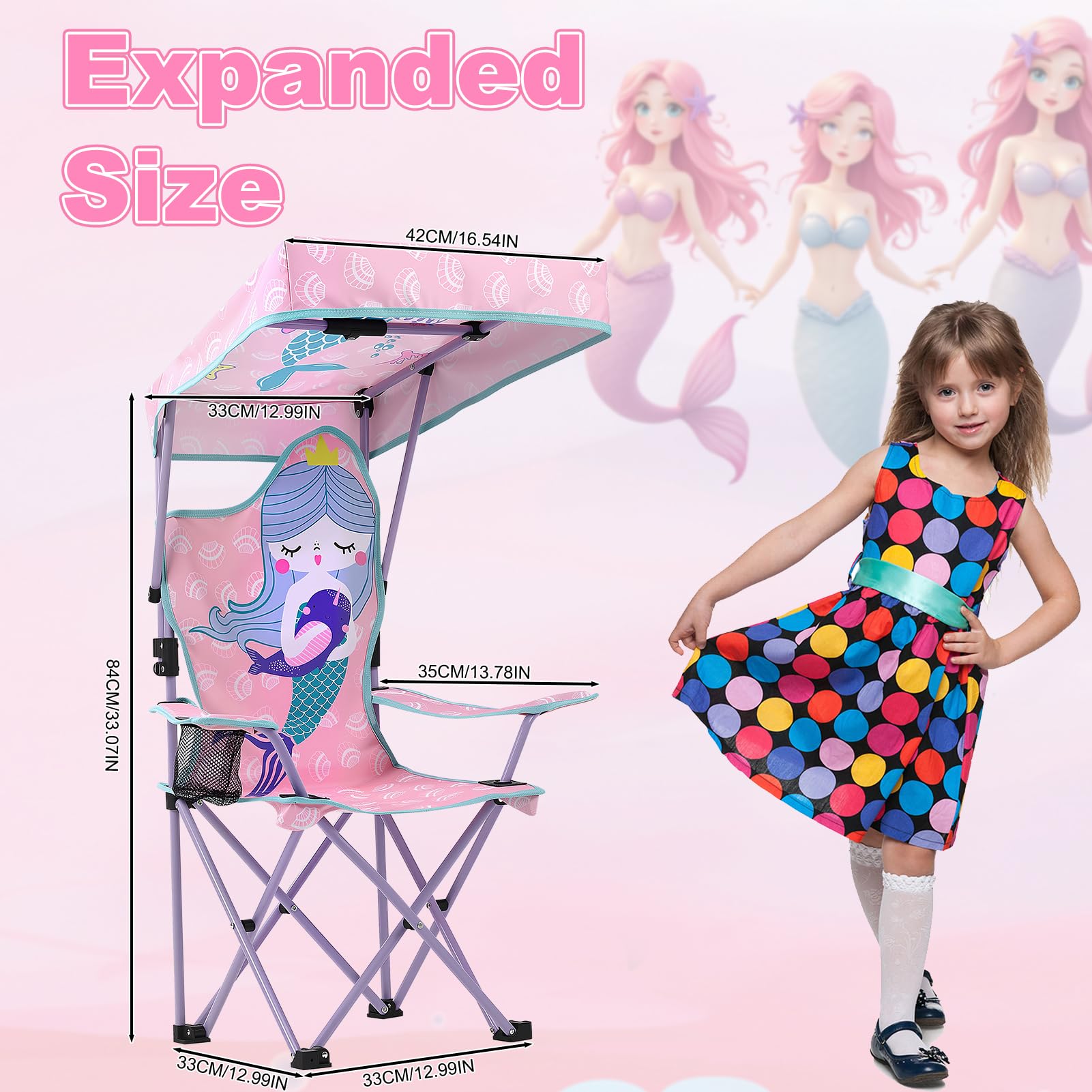 Silla de camping para niños con sombrilla, silla plegable con soporte para bebidas, silla de jardín portátil, silla de playa rosa, silla de camping para niños, para parque jardín, viajes al