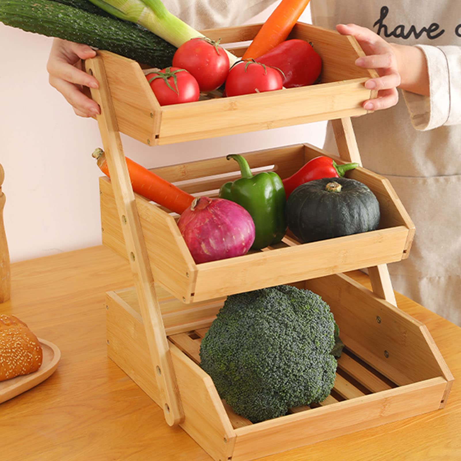 Obstkorb aus Holz mit 3 Ebenen, großer Aufbewahrungsständer für Küchentheke und Picknick im Freien, ideal für Obst, Gemüse, Snacks und Kleinigkeiten :