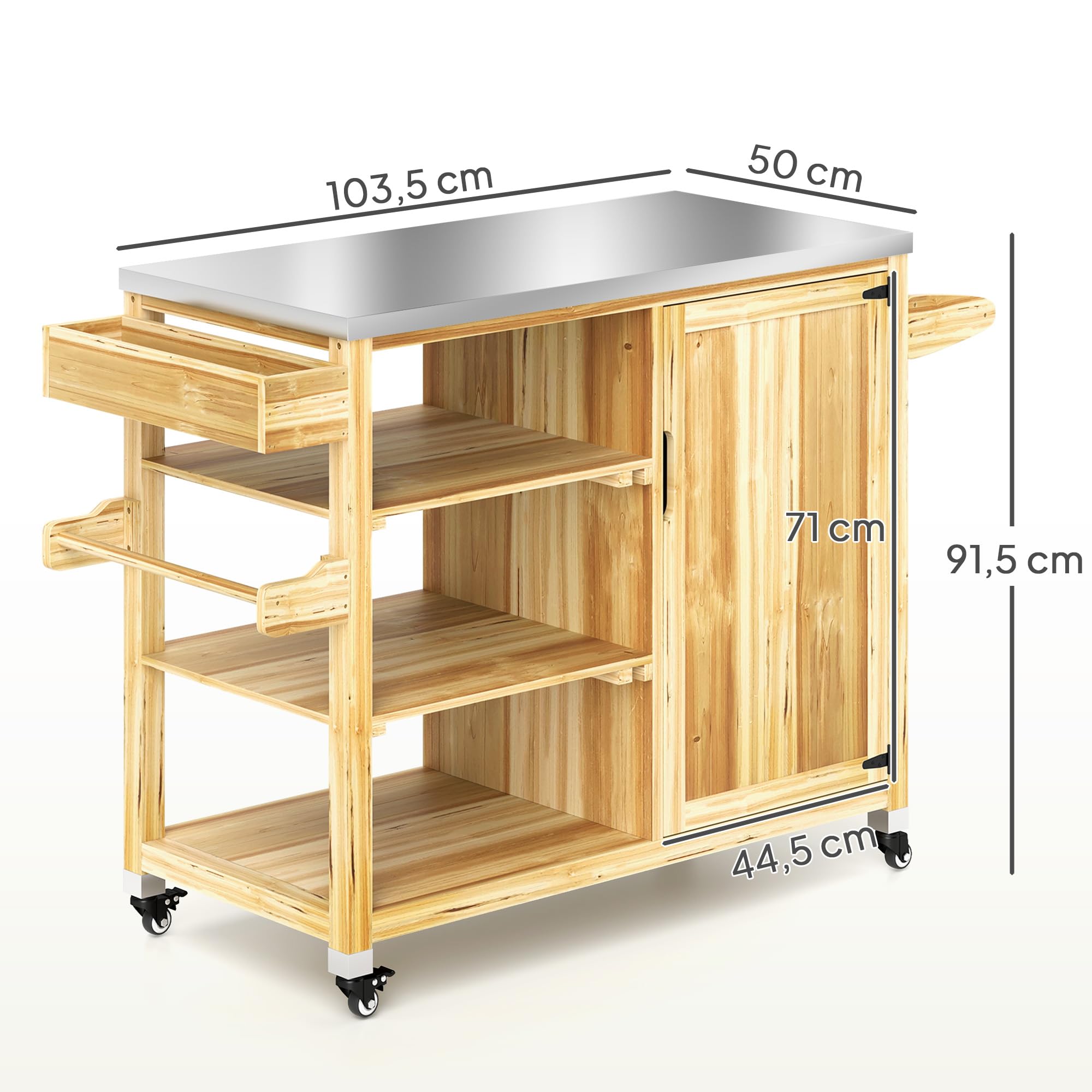 Outsunny Carrito de Parrilla Carrito de Barbacoa con 4 Ruedas Carro de Servicio de Madera Encimera de Acero Inoxidable Toallero y Especiero Estantes Armario para Patio Jardín 134,5x50x91,5 cm Natural