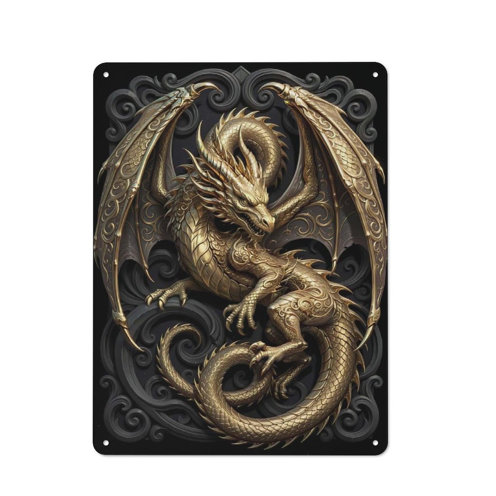 Junmoney Style-17 For Guest Room Or Hallway, Art Deco Golden Dragon Retro Metal Wall Sign 40X30cm, For Vintage Wall Decor Fans, For Metal Sign Collectors