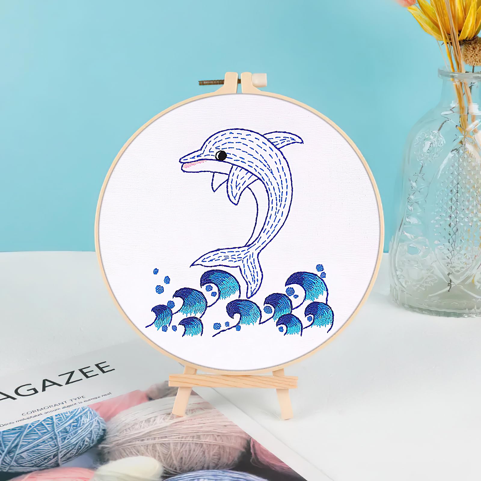 Meecaa Kreuzstich-Set „Rosa Delfin“ – Vorgedruckt, Inkl. Garn & Nadeln (40x50 Cm)