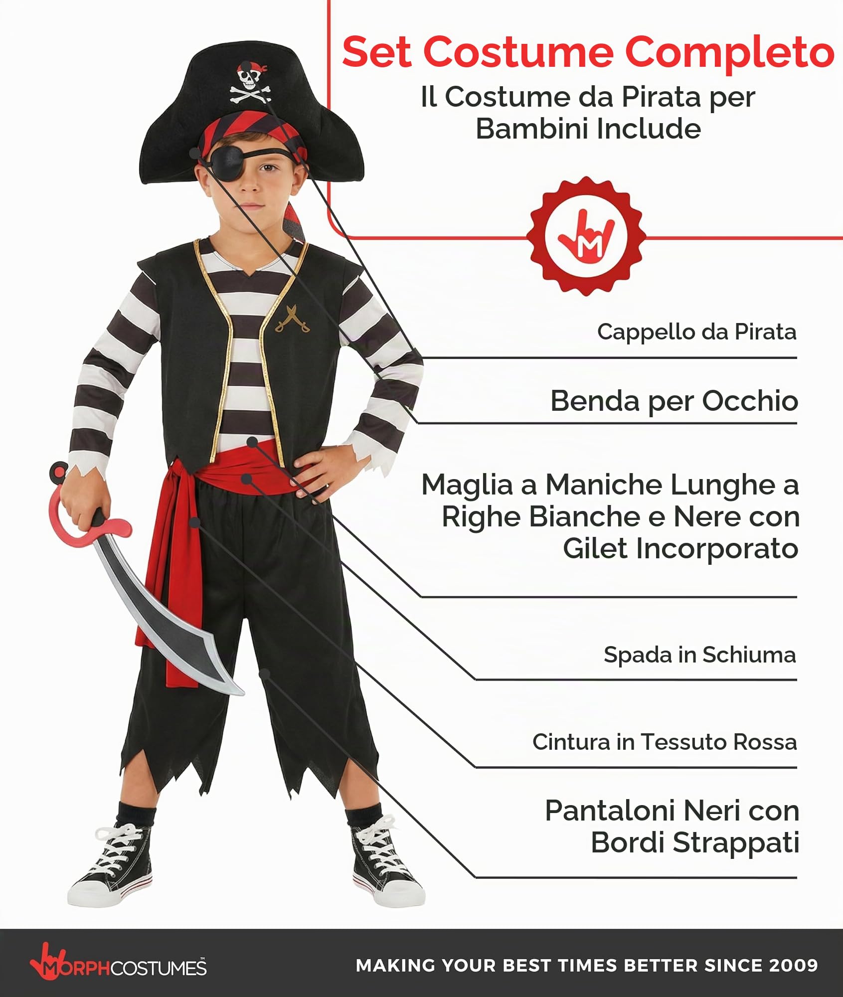 Morph Costume Pirata Bambino, Costume Pirata Halloween Bambino | Maglia con Gilet, Pantaloni, Cappello, Benda & Spada, Perfetto per Halloween, Ideale per il Gioco di Ruolo
