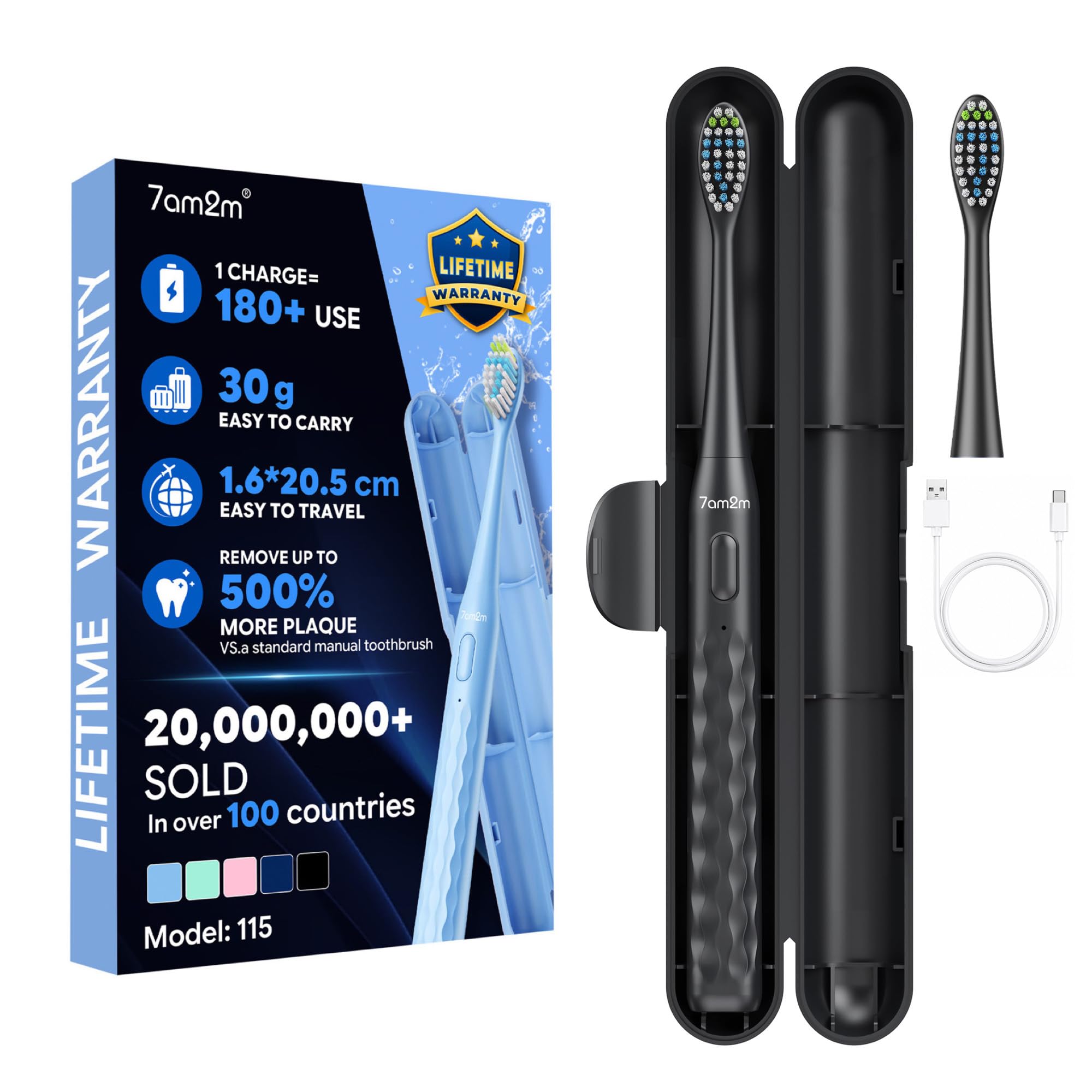 7AM2M Sonic Travel Electric Toothbrush for Adults&amp;Kids, Travel Case&amp;2 Brush Heads, 1 Charge for 90 Days, Type-C Rechargeable Sonic Toothbrush, Compact Design for Daily/Travel Use-Black