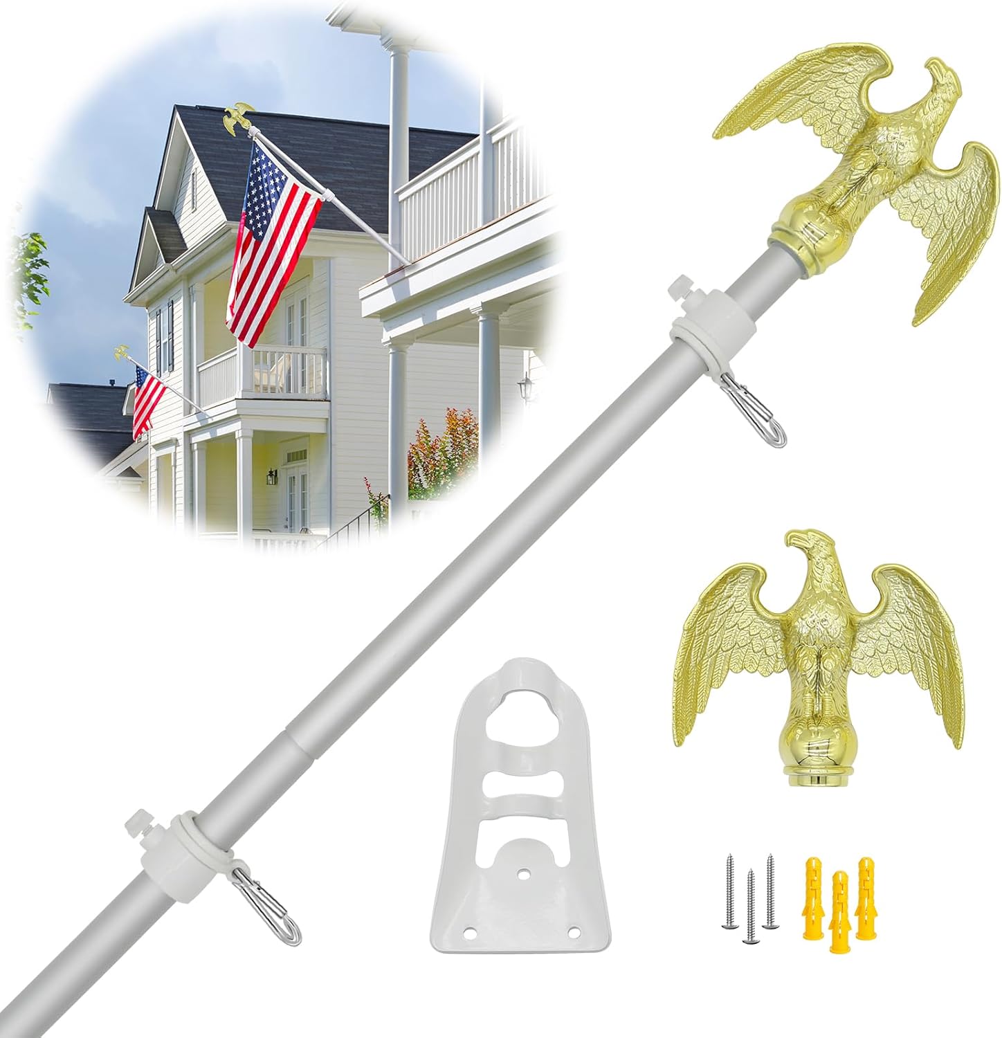 NQ 6FT Flag Pole for Outside House, 3/4 inch Diameter Aluminum Flag Pole with Eagle Topper, House Flag Pole Kit with Flag Pole Holder(Silver)