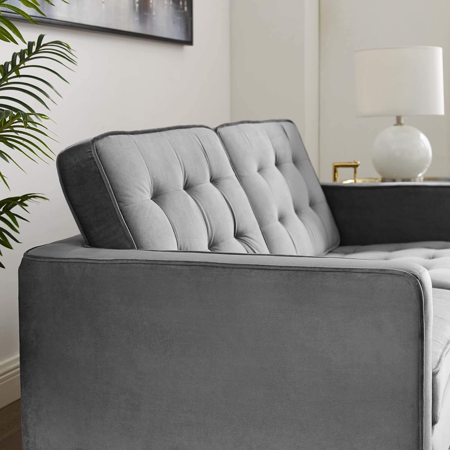 Modway Loft Tufted Button Performance Velvet Upholstered Loveseat in Gold Gray