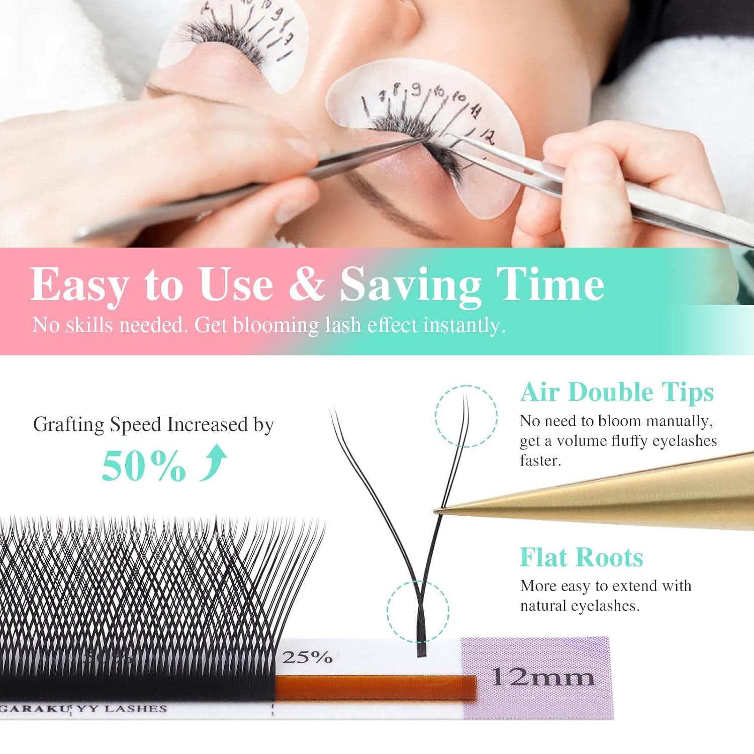 NAGARAKU 5 Trays yy Eyelash Extensions y lash 0.07mm D curl 9/10/11/12/13mm in 1 pack Premade 4D Easy Fan Russian Volume Cluster Faux Mink Matte Black 12 rows