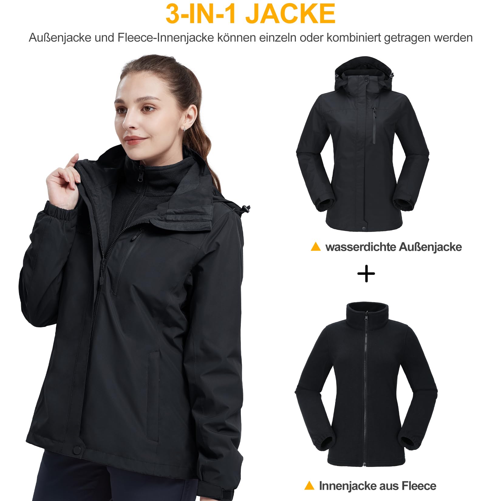 OutPro Damen 3-in-1-Skijacke wasserdicht winddicht Winterjacke Outdoor Wandern mit Fleece gefüttert doppellagige abnehmbare Kapuzen-Funktionsjacke