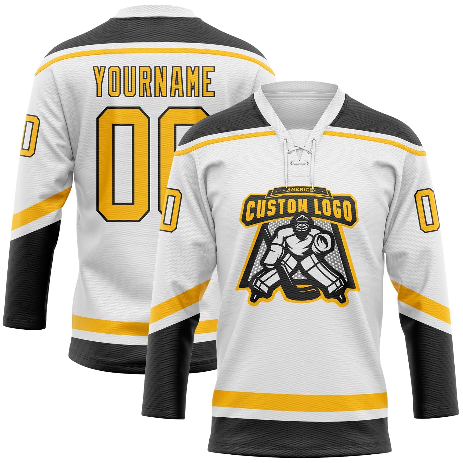 Custom White Gold-Black Hockey Lace Neck Jersey, Hockey Practice Jersey, Custom Hockey Jerseys for Men, Hockey Jerseys, Custom Hockey Jersey with Logo, Hockey Jersey, Hockey Jerseys for Men