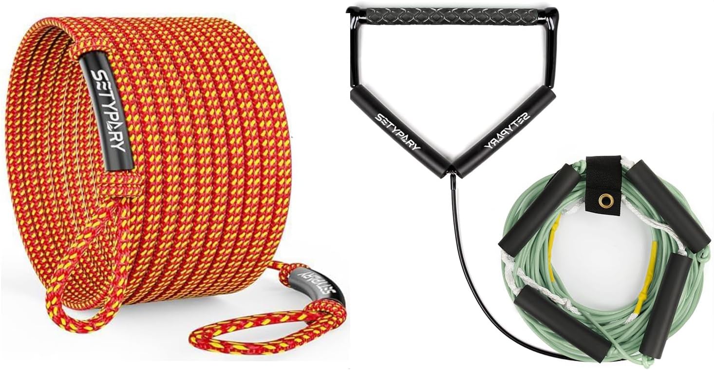 4K 60FT Heavy-Duty Boat Tow Rope (Orange & Yellow) & 75FT No-Stretch Dyneema Wakeboard Rope (Grayish Green) Combo - Floating Tow Ropes for Wakeboarding, Tubing, Waterskiing