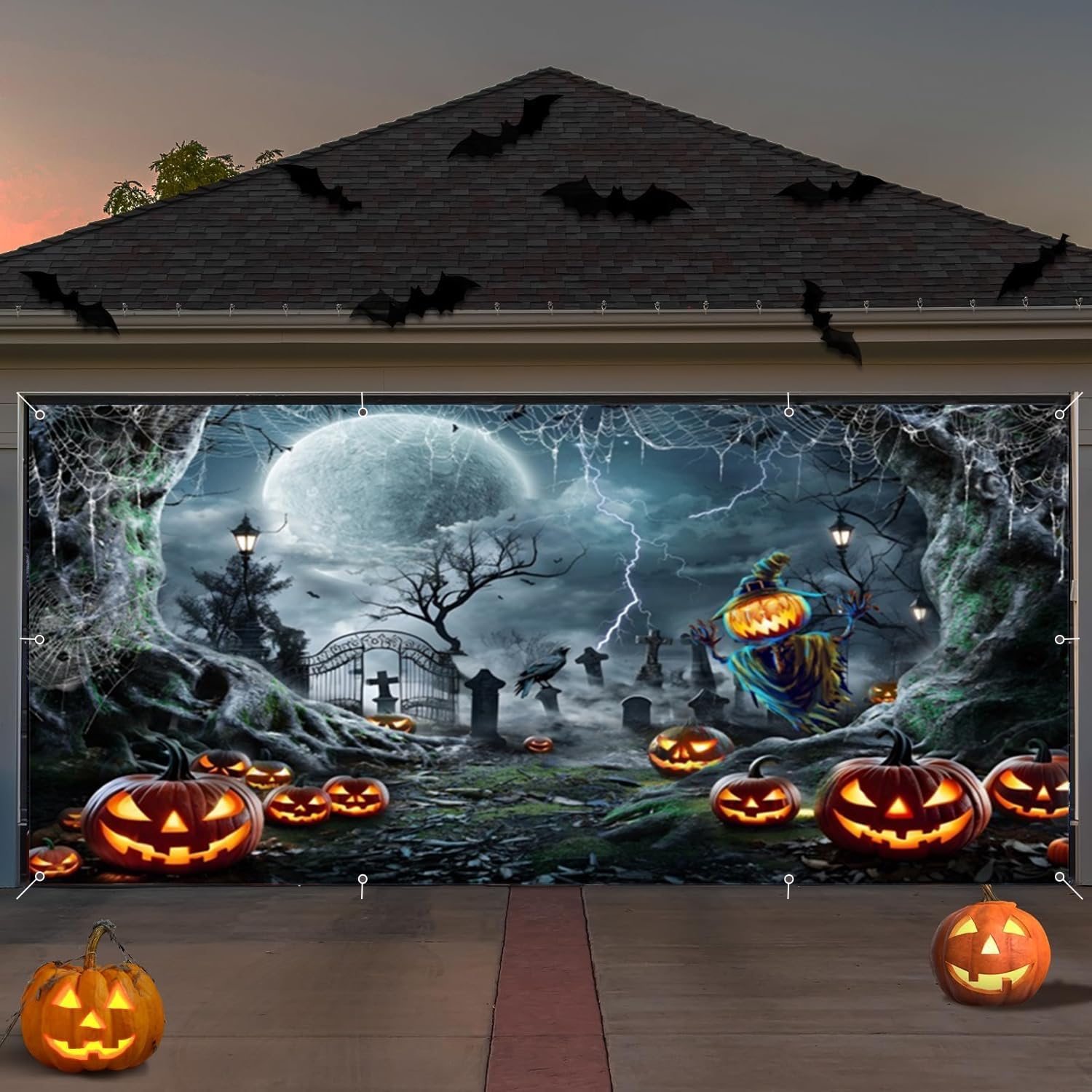 Halloween Garage Door Cover 7x16ft Scary Cemetery Graveyard Halloween Backdrop Garage Door Decorations Banner Horror Night Pumpkin Lantern Background Spooky Backdrops for Party