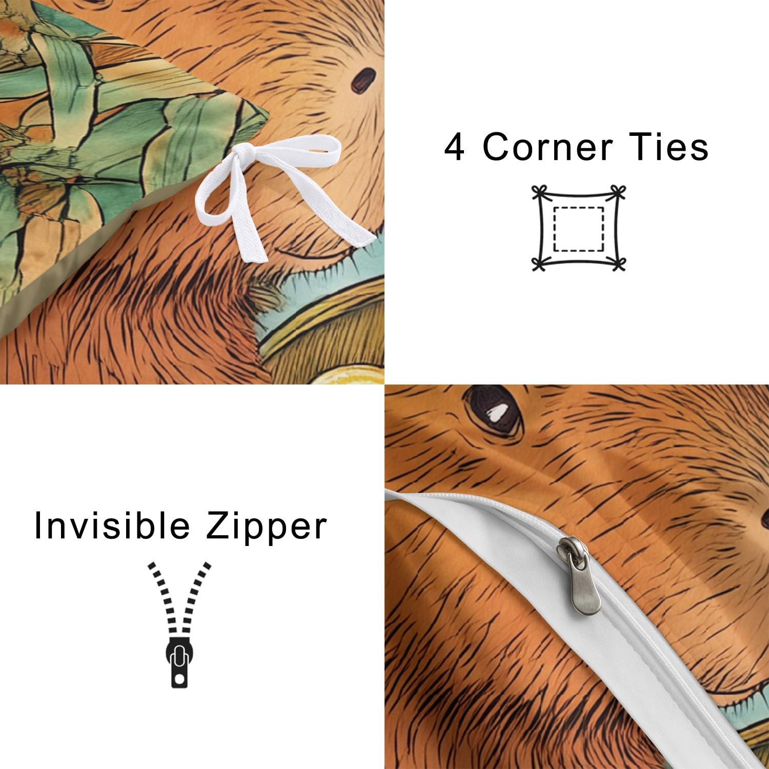 Generisch 3-częściowy komplet pościeli 220 x 240 cm, zwierzęta, śliczne pomarańczowe rośliny Capybara dla dzieci, zielona, kreskówka, miękka poszewka z mikrofibry z zamkiem błyskawicznym, przyjazna
