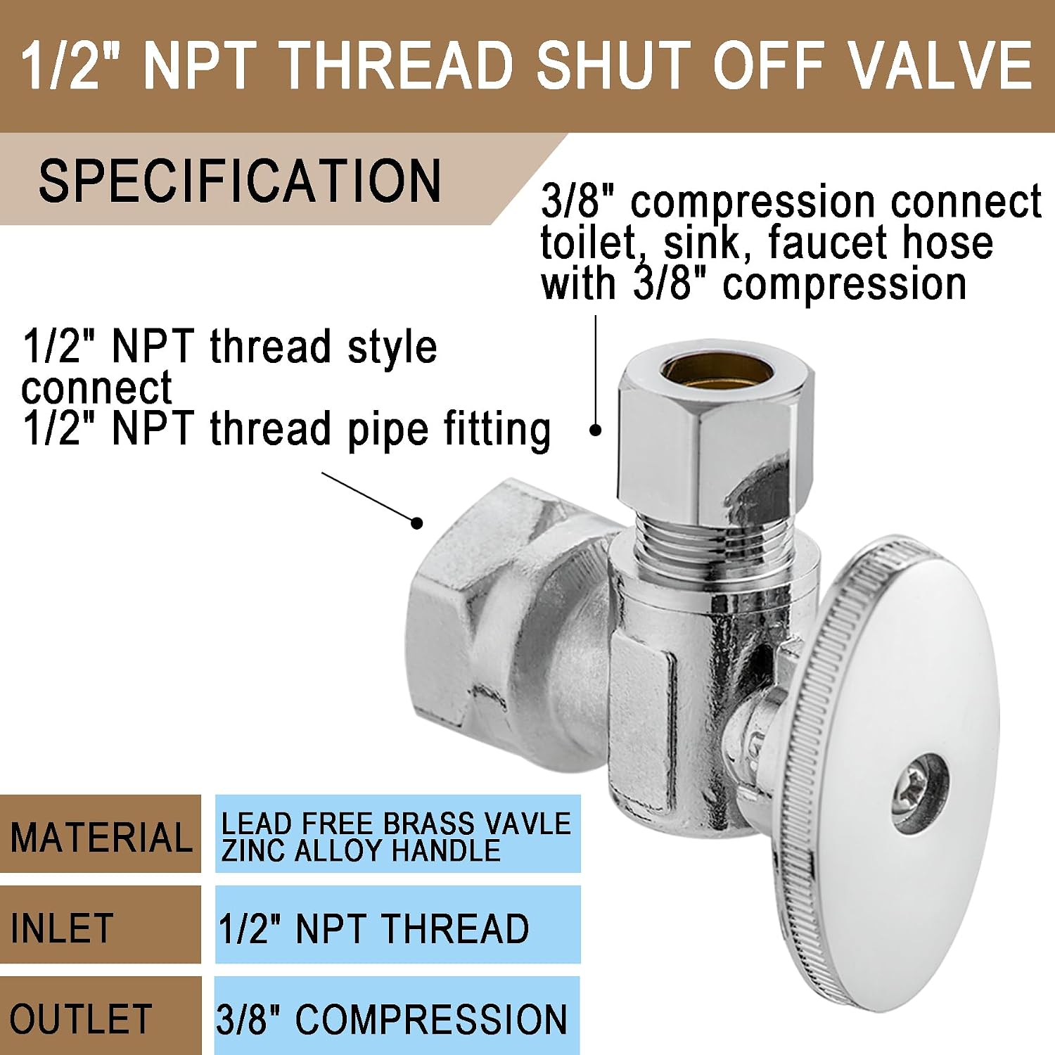 [10 Pieces] Lingmfg Angle Valve Shut Off Valve 1/2" NPT Thread x 3/8" Compression LING-AV38-1/2FNPT-A-10