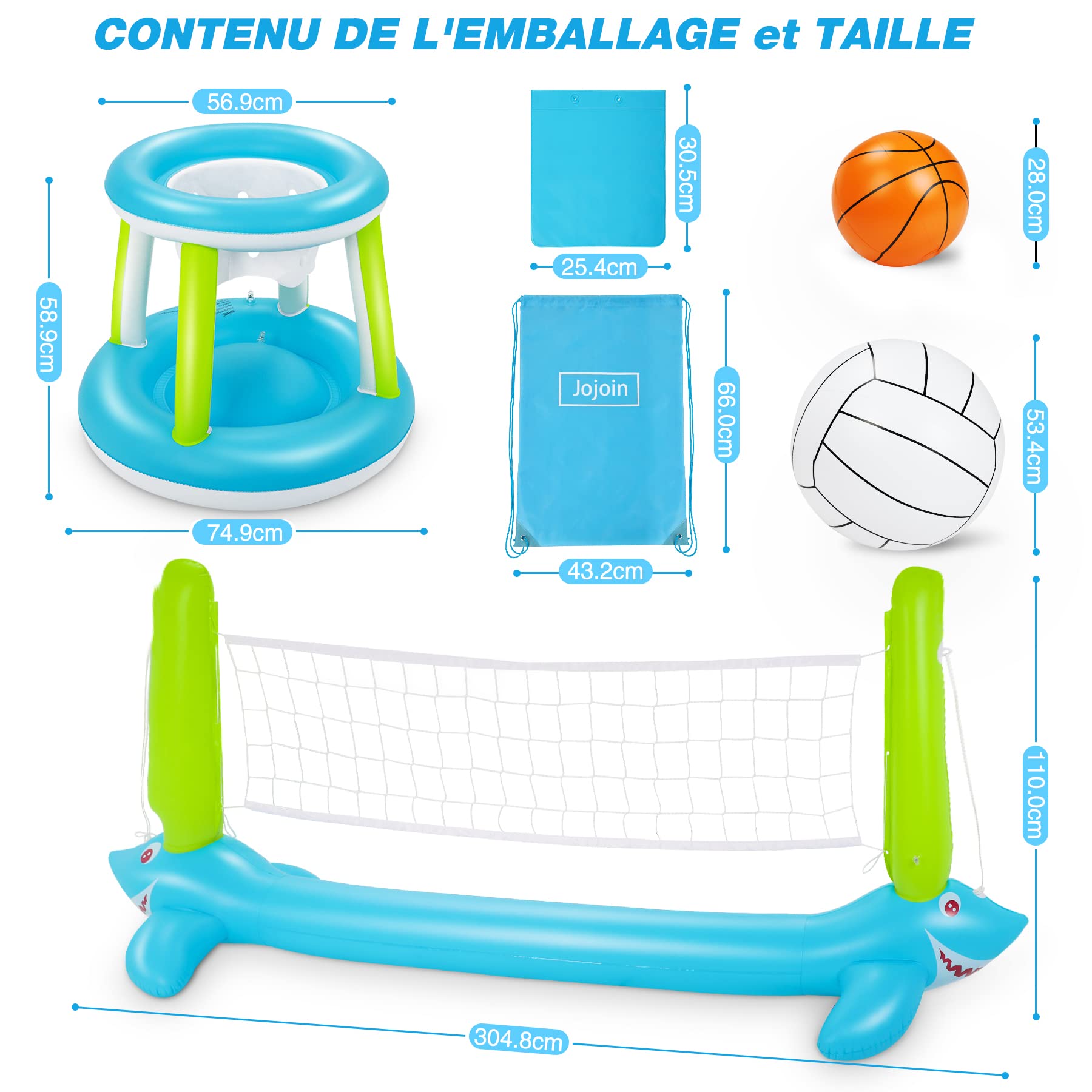 120'' Ensemble de Volleyball Gonflable Et Filet Piscine Toy avec Basket-Ball Hoop | Deux Balles | Conception de Requin | Jeu de Natation pour Enfants Adultes