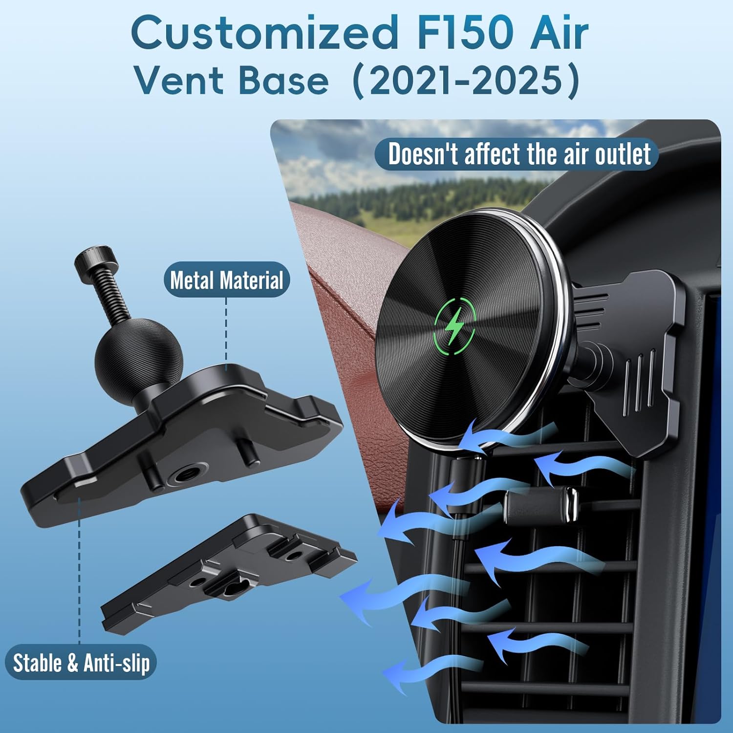 Car Vent Wireless Charger Magnetic Phone Mount Compatible with 2021-2025 Ford F-150, 2023-2025 Super Duty F250/F350/F450, Metal Phone Holder Cradles Bracket Stand for All Smartphones (No Socket Arm)