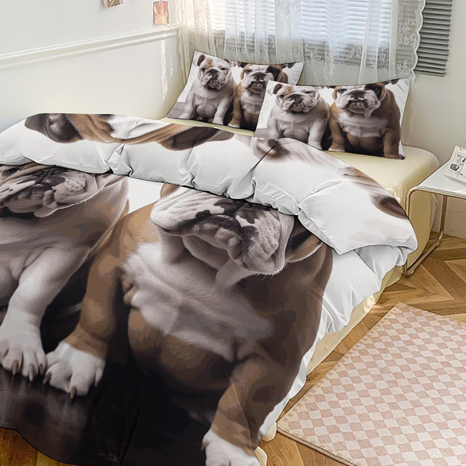 Parure de lit 3 pièces Bouledogue grand lit 228x228 cm avec couette et deux taies d'oreiller