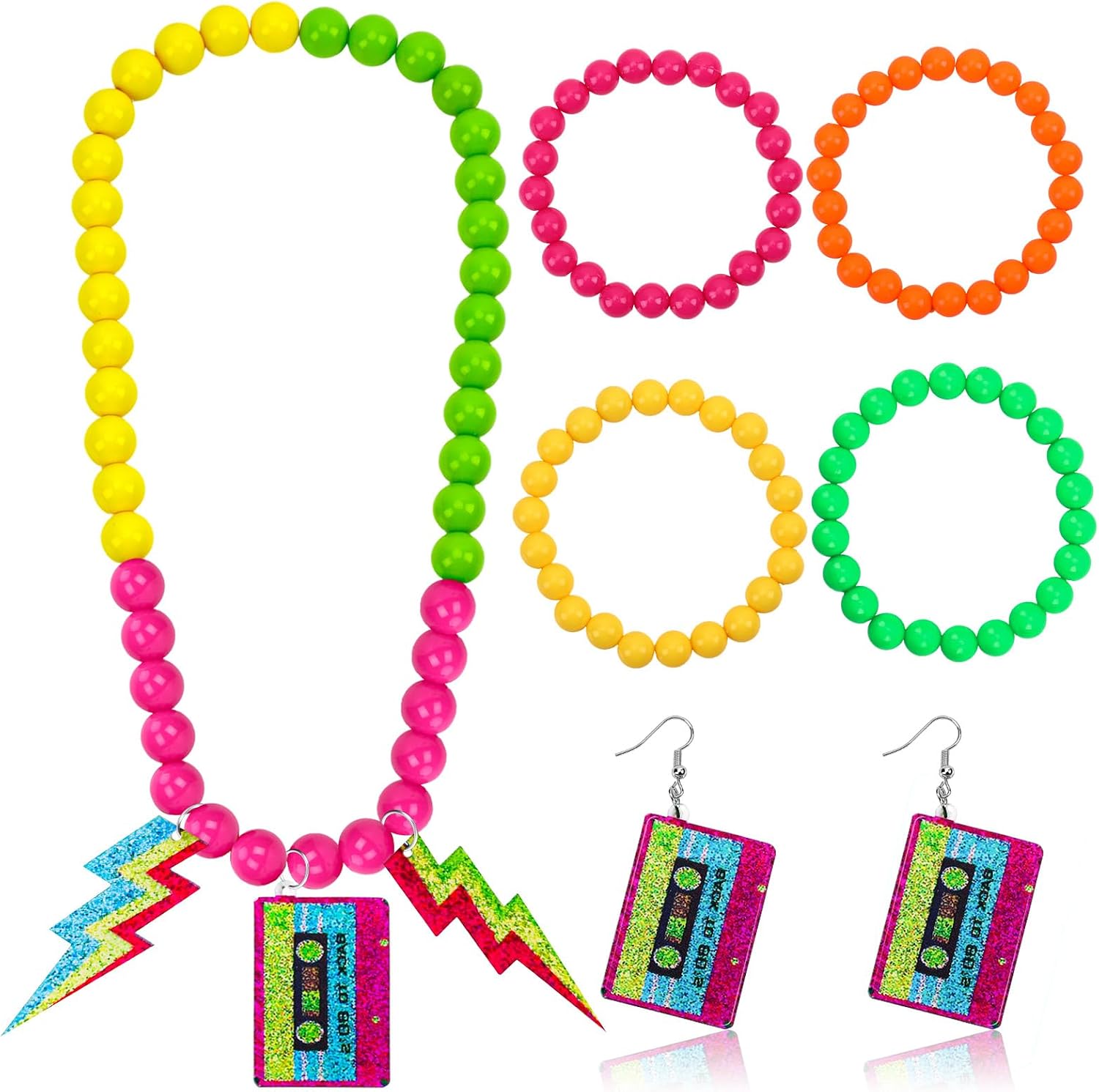 6 Pcs 80s Outfits Costume Accessories, Neon Jewelry Set for Women | Retro Neon Necklaces Earrings Bracelets with Lightning Tape, Acrylic, 80s Neon Accessories,Women Glow Halloween Party Costume