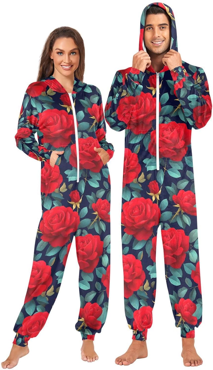 ALAZA Red Rose Flower Leaves Adult Onesie Pajamas Novelty One Piece Costume Sleepwear Jumpsuits Matching PJS