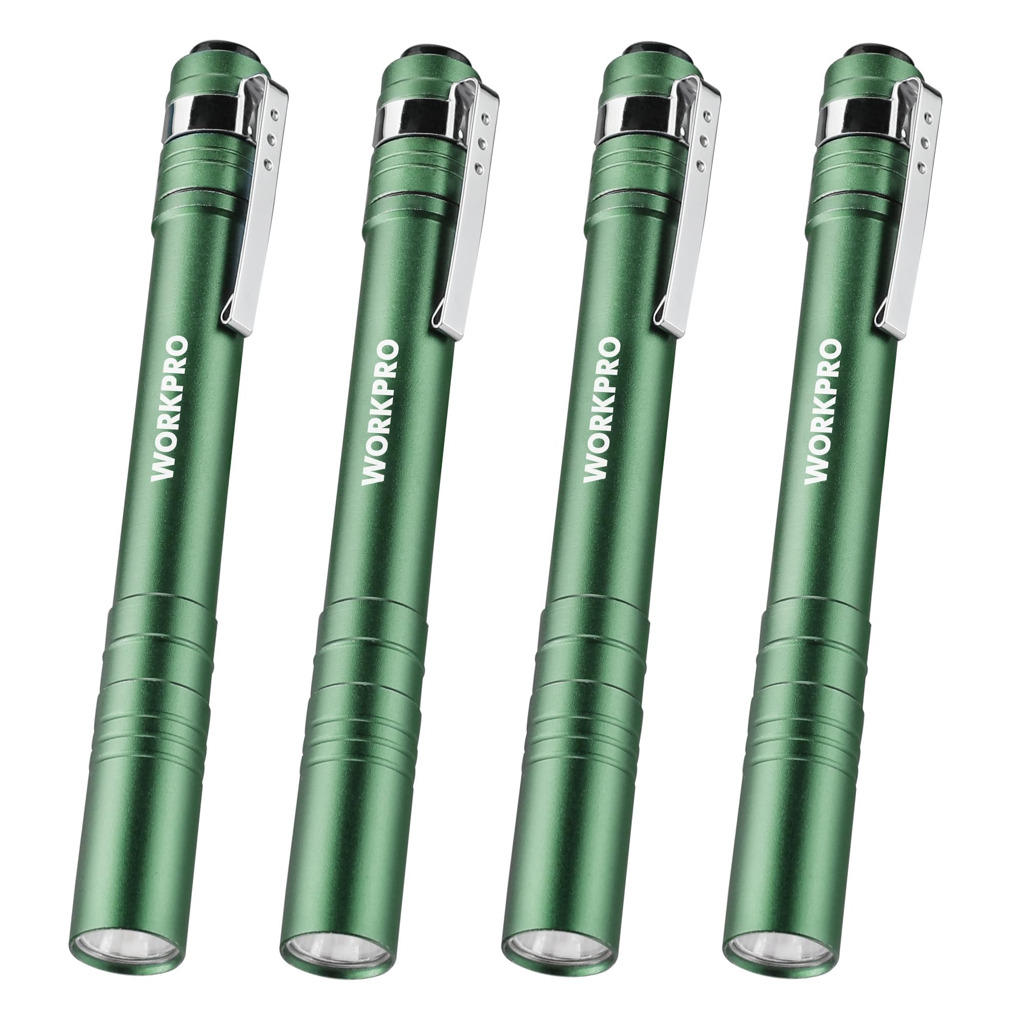 WORKPRO LED Pen Light, Aluminum Pen Flashlights, Pocket Flashlight with Clip for Inspection, Emergency, Everyday, 2AAA Batteries Include, Green(4-Pack