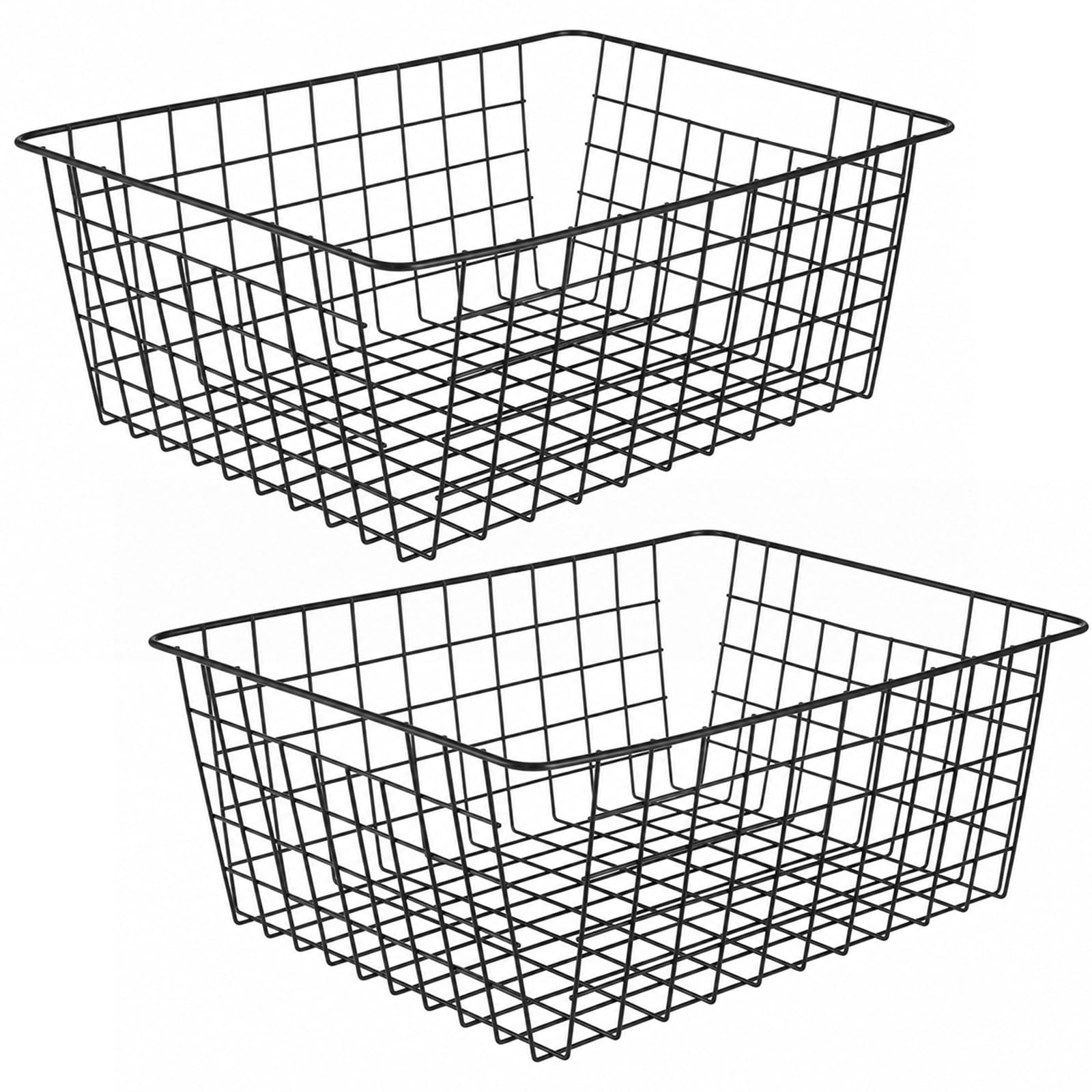 2 Pcs Large Metal Wire Storage Baskets, 36 x 28 x 16 cm Open Organiser Bin with Handles, Black Wire Basket for Pantry, Living Room, Kitchen Organization