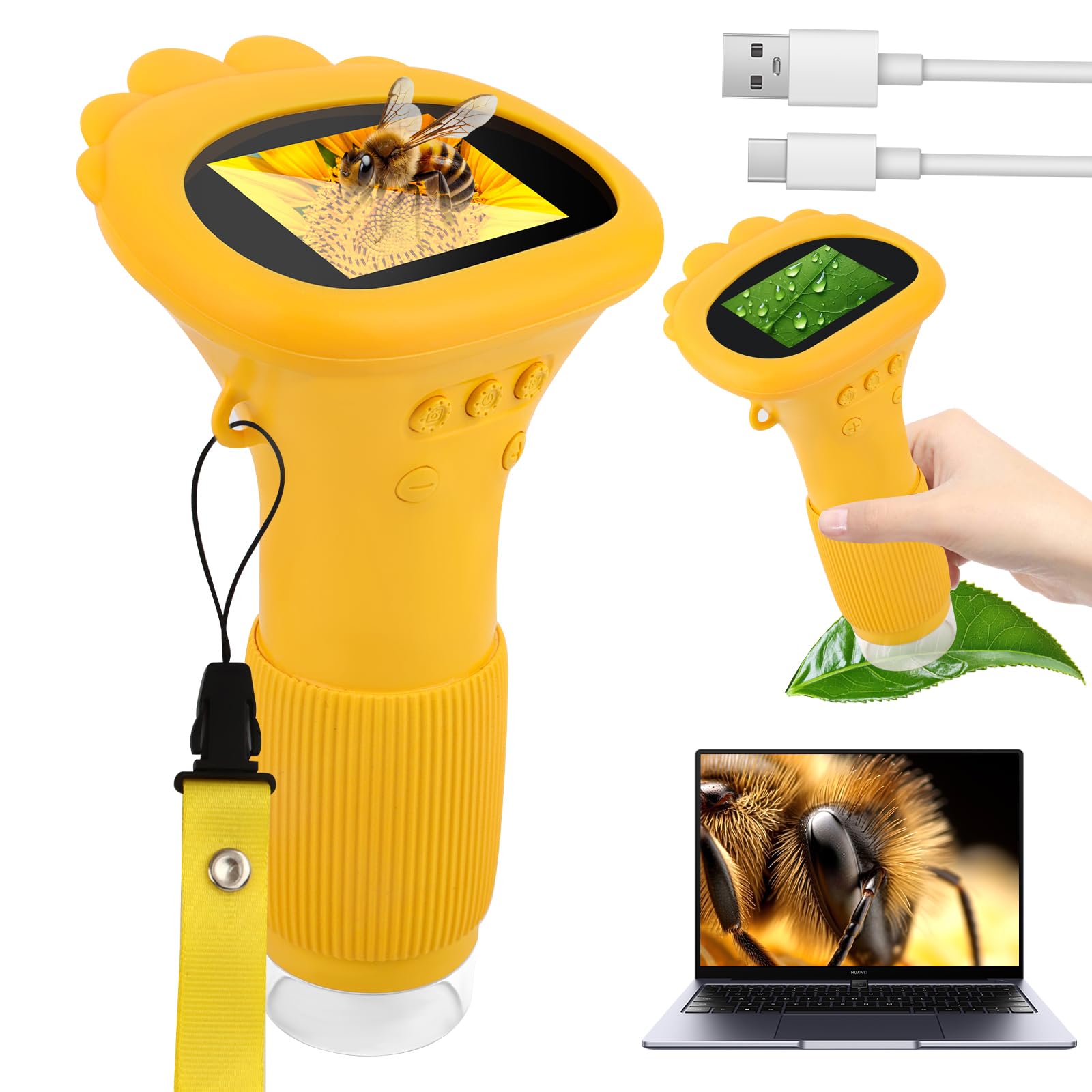 Talifoca Microscopio Portatile per Bambini, 1000x Zoom, Schermo IPS HD da 2 Pollici, LED, USB, Platica, Giallo