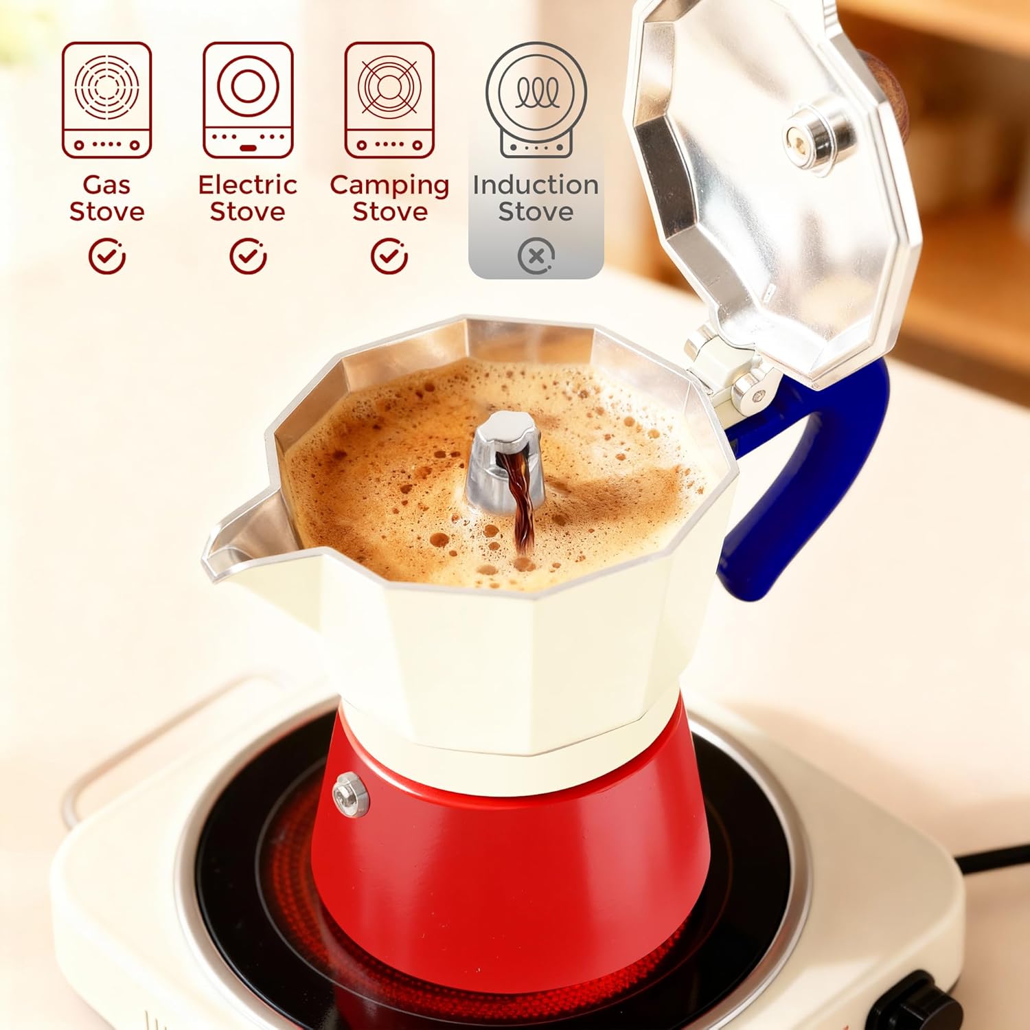 ShanSon Moka Pot Stovetop Espresso Maker 6 Cup 10 oz Italian Coffee Maker Manual Cuban Coffee Percolator Machine Italian Espresso Greca Coffee Maker for Cappuccino or Latte,Red/White