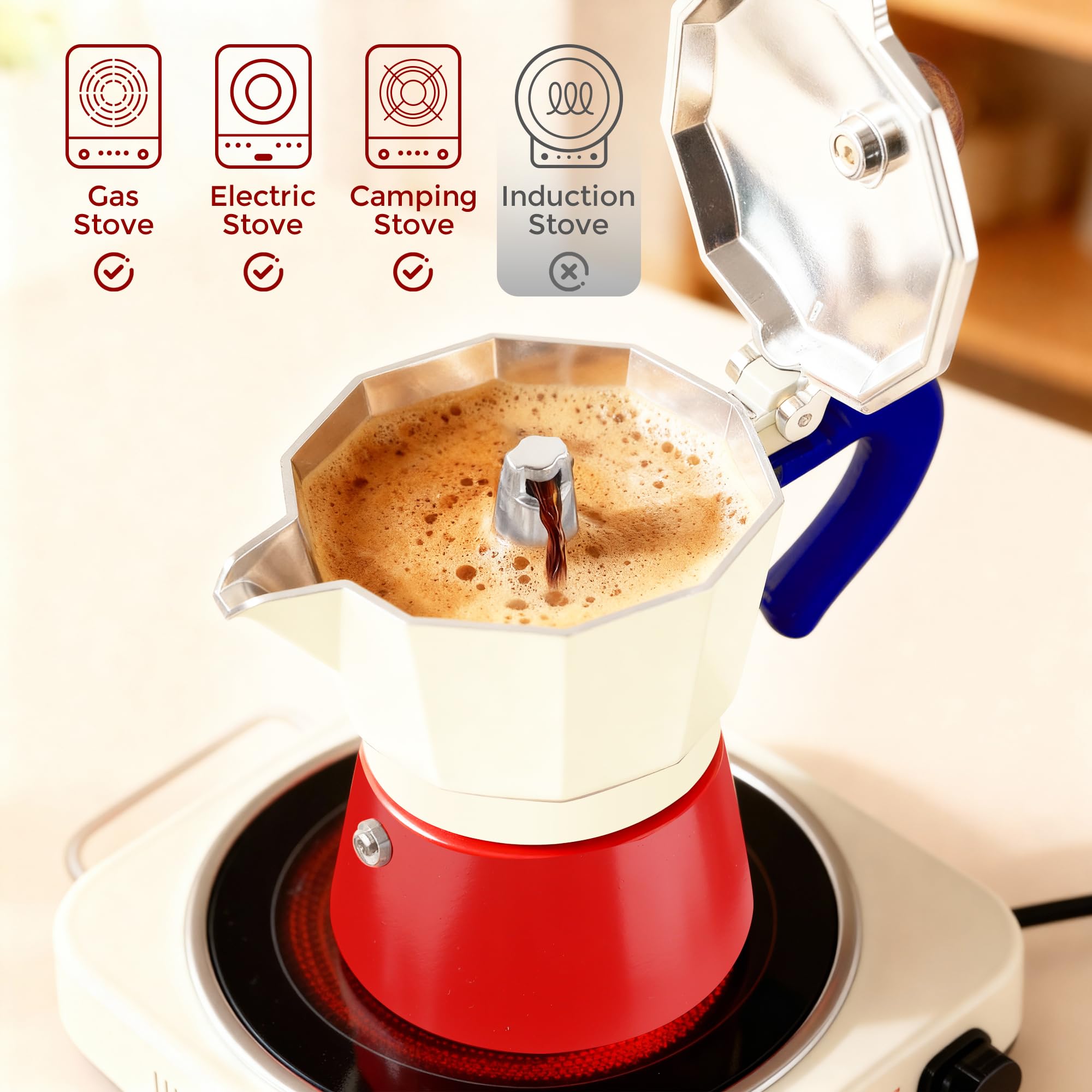 ShanSon Moka Pot - Cafetera italiana de 3 tazas de 5 onzas, cafetera italiana manual de percolador de café cubano, cafetera italiana espresso Greca para capuchino o café con leche, rojo/blanco