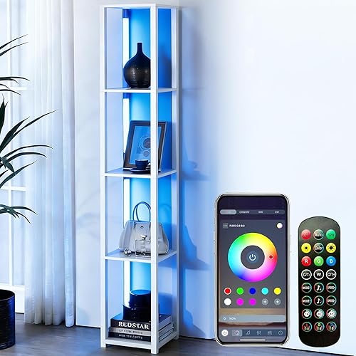 Miniatura 16 de Lámpara de pie LED con estantes, lámpara de estante con control remoto para dormitorio y sala de estar, lámparas de pie de exhibición de esquina con