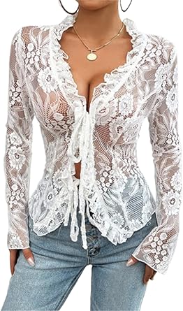 SANSIWU Women's Sexy Tie Front Lace Tops Long Sleeve V Neck Sheer Crop Blouse Fashion Ruffle Trim Slim Fit Casual Streetwear