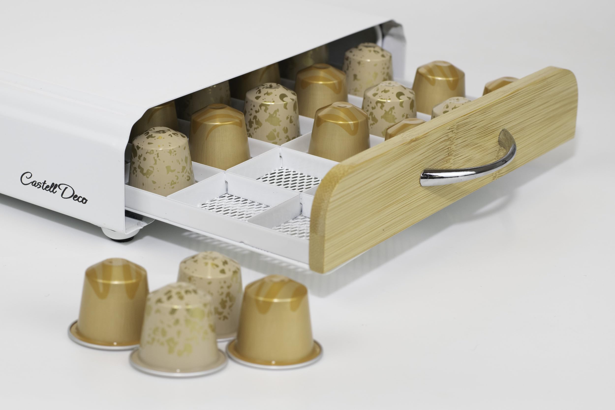 Cajón Cafe Soporte Organizador compatible con Capsulas Nespresso, 100% Metal y Madera, Capacidad 50x, Para almacenar dispensador Capsulas de Café. (Bambu)