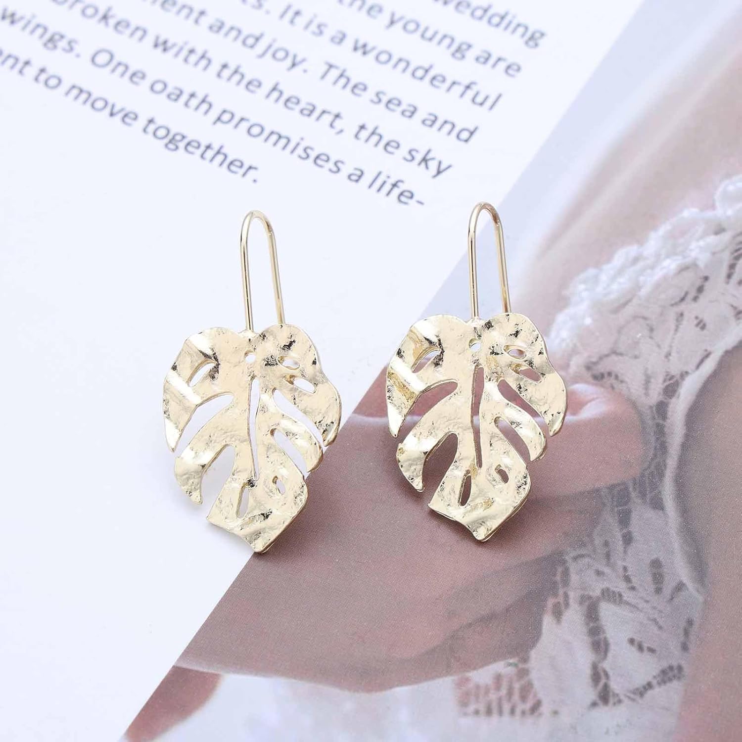 Boho Hammered Leaf Dangle Earrings Gold Textured Palm Leaf Earring Hollow Metal Leaf Drop Earring Vintage Plant Monstera Leaves Earrings Jewelry for Women - Image 5