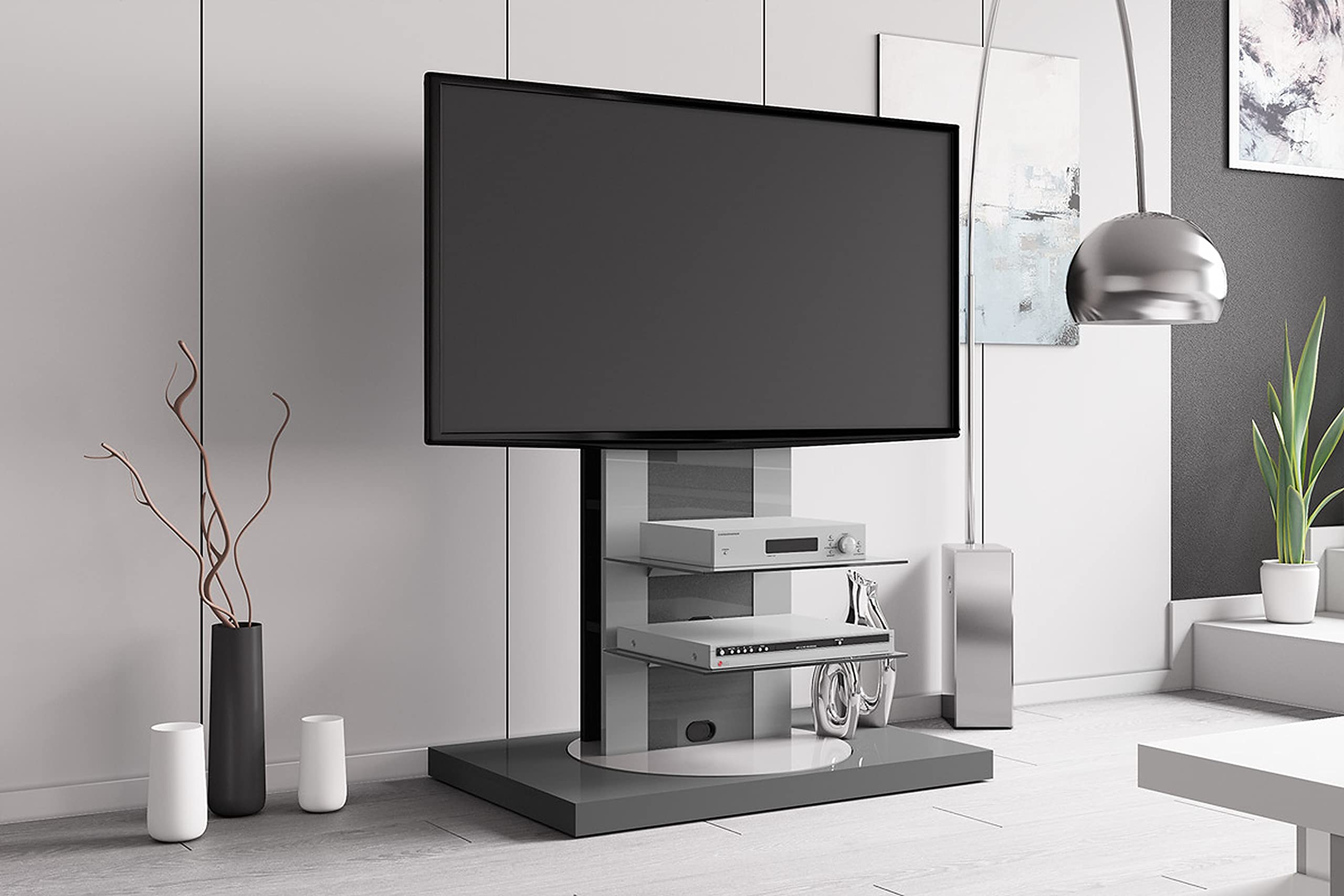 Design TV Schrank Roma H-777nw Grau Hochglanz 360° drehbar TV Möbel Fernsehtisch TV Rack TV Ständer LCD inkl. TV-Halterung