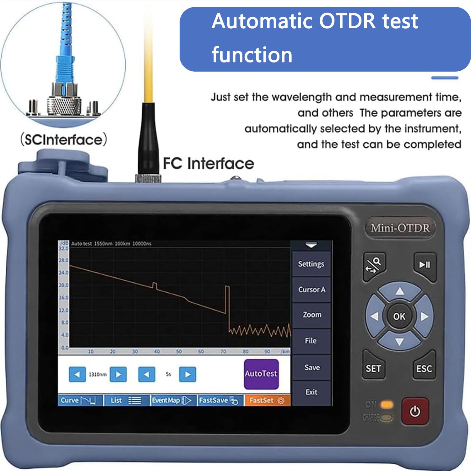 Otdr Fiber Optic Tester 1310/1550 NM,12-En-1 Otdr SM con VFL Opm Ols Mapa Eventos Rj45, FC/UPC SC St LC Conectores Incluidos APC