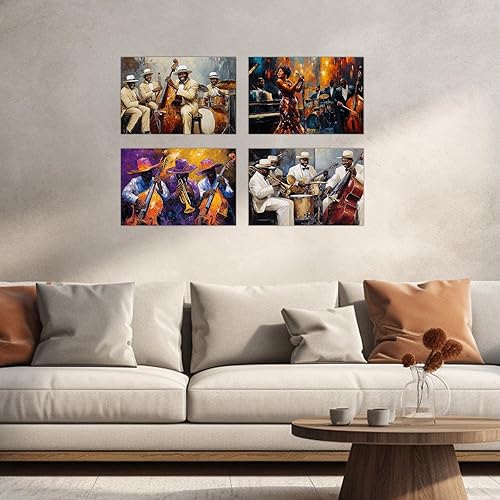 Miniatura 4 de SWQYLB African American Music Wall Art Jazz Band Painting Canvas Prints Abstract Black Music Pictures Musical Club Classroom Room Decor Framed