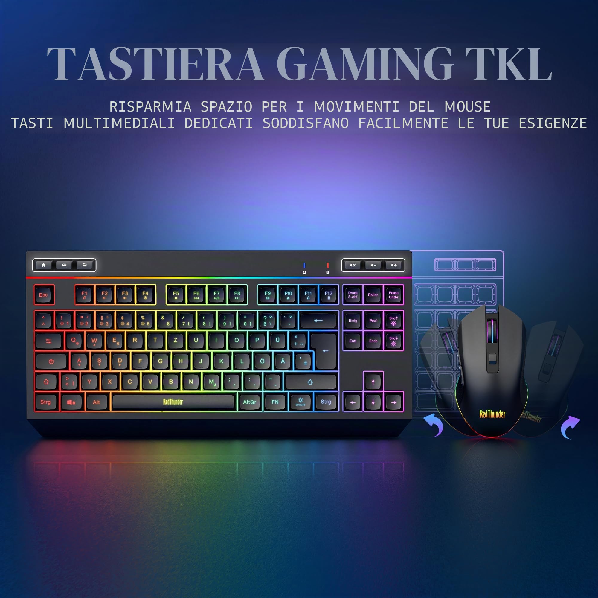 RedThunder Set tastiera e mouse wireless 75%, QWERTZ 94 tasti TKL Layout, RGB, tastiera wireless ricaricabile con tasti funzione multimediale, mouse ottico 7D per PC Xbox PS5, ufficio (nero)