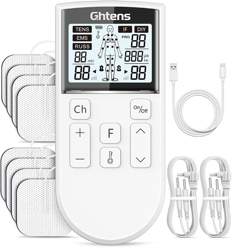 GHTENS 5 en 1 Electroestimulador Muscular Profesional, Recargable 80 Modos de Estimulación, Con Función TENS/EMS/RUSS/IF/DIY y Masaje, 2 Canales, 16 Intensidad, Para el Alivio del Dolor (Blanco)