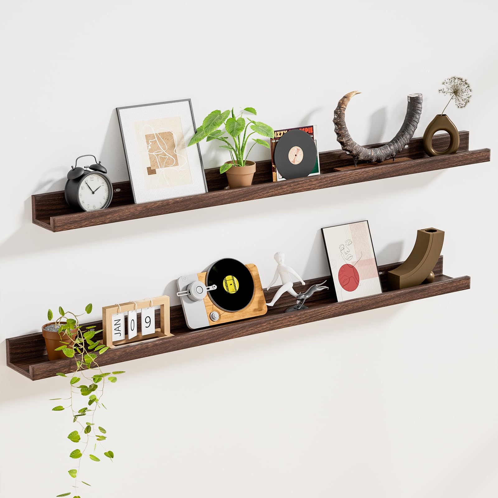 Floating Shelves for Wall Set 2 of 48 inches Picture Ledge Shelf 96 inches Totally,Solid Wood Walnut Shelves for Room Wall to Display and Storage Photo Picture,Vinyl,Toy,Spice,Perfume,Book etc...