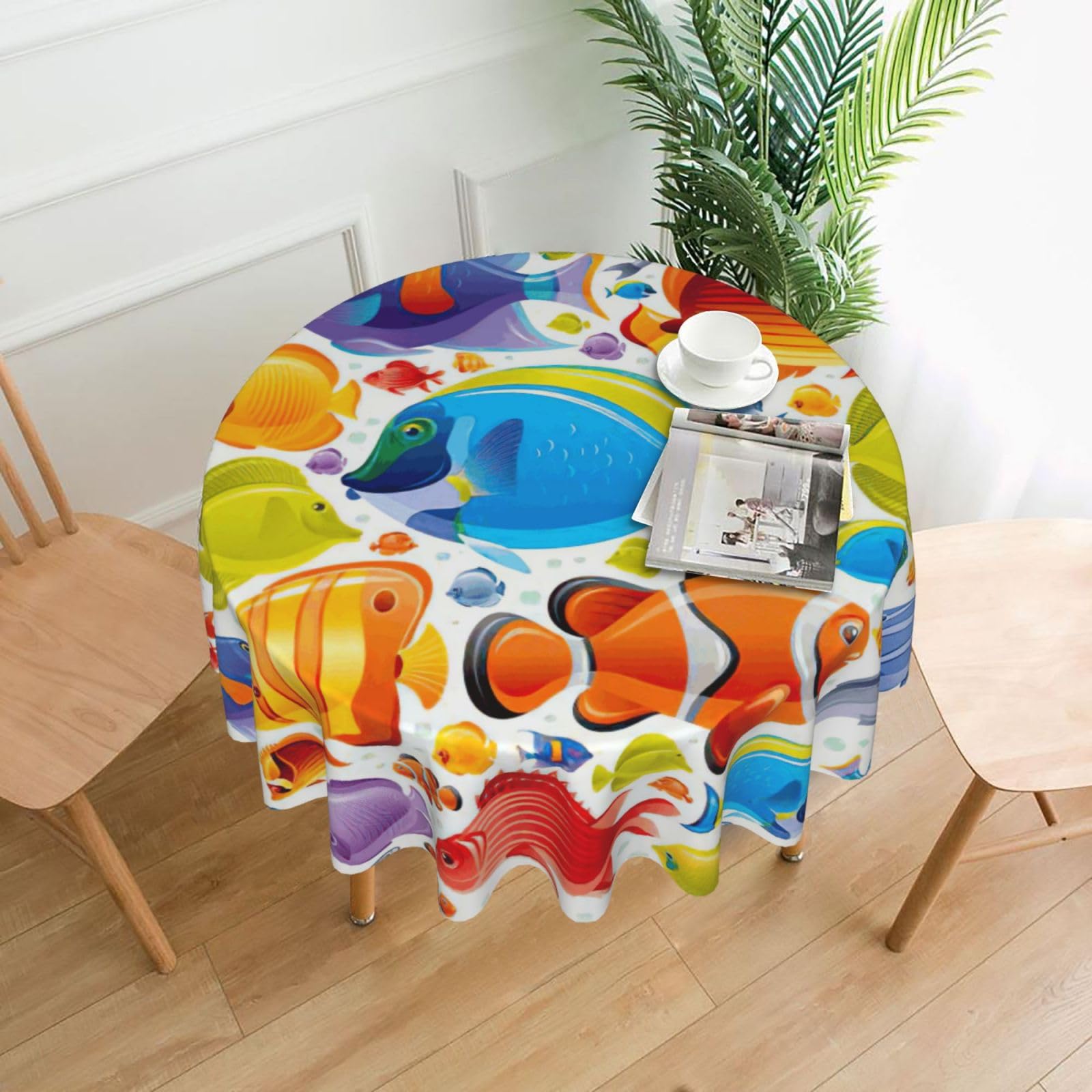 SDEGTHO Cartoon Fish Print Modern Retro Round Tablecloth 60in Polyester Fabric Cover for Party Dining Table Washable