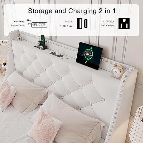 Miniatura 76 de Base de cama tamaño Queen con cabecero de almacenamiento capitoné con botones en la parte trasera y puertos tipo CA, plataforma tapizada, soporte de