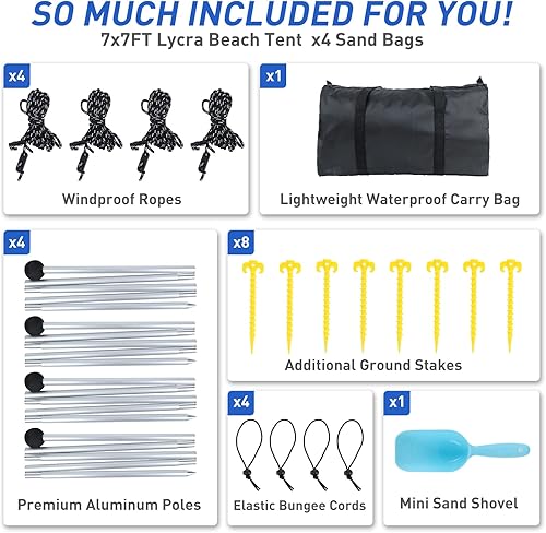 Miniatura 3 de Tienda de campaña de playa con toldo desplegable UPF50+ con 4 postes de estabilidad, bolsa de transporte, clavijas de tierra, pala de arena, cuerdas