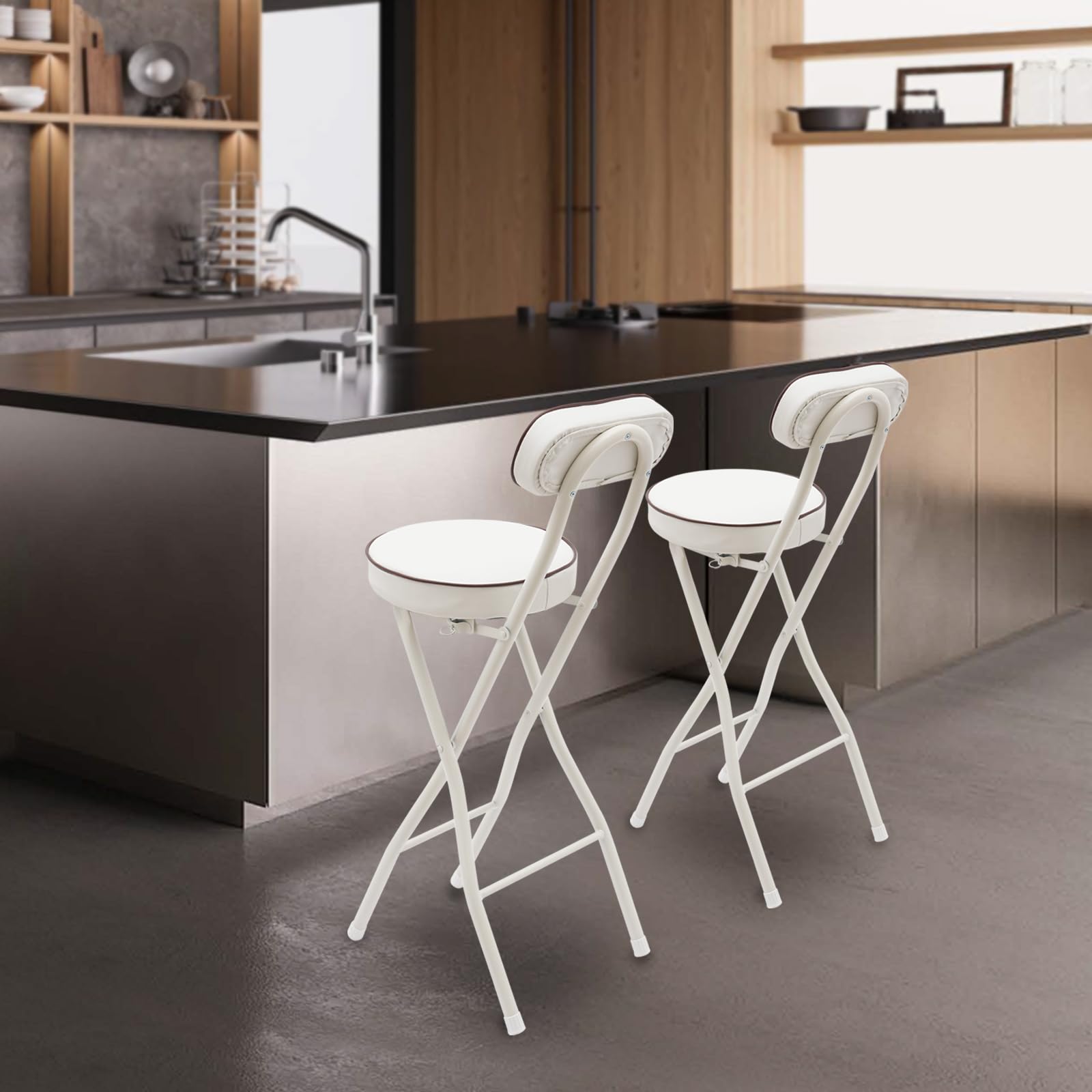 Lot de 2 tabourets de bar pliants blancs avec dossier 65 cm pour cuisine, bureau, salle à manger, salon, comptoir, camping