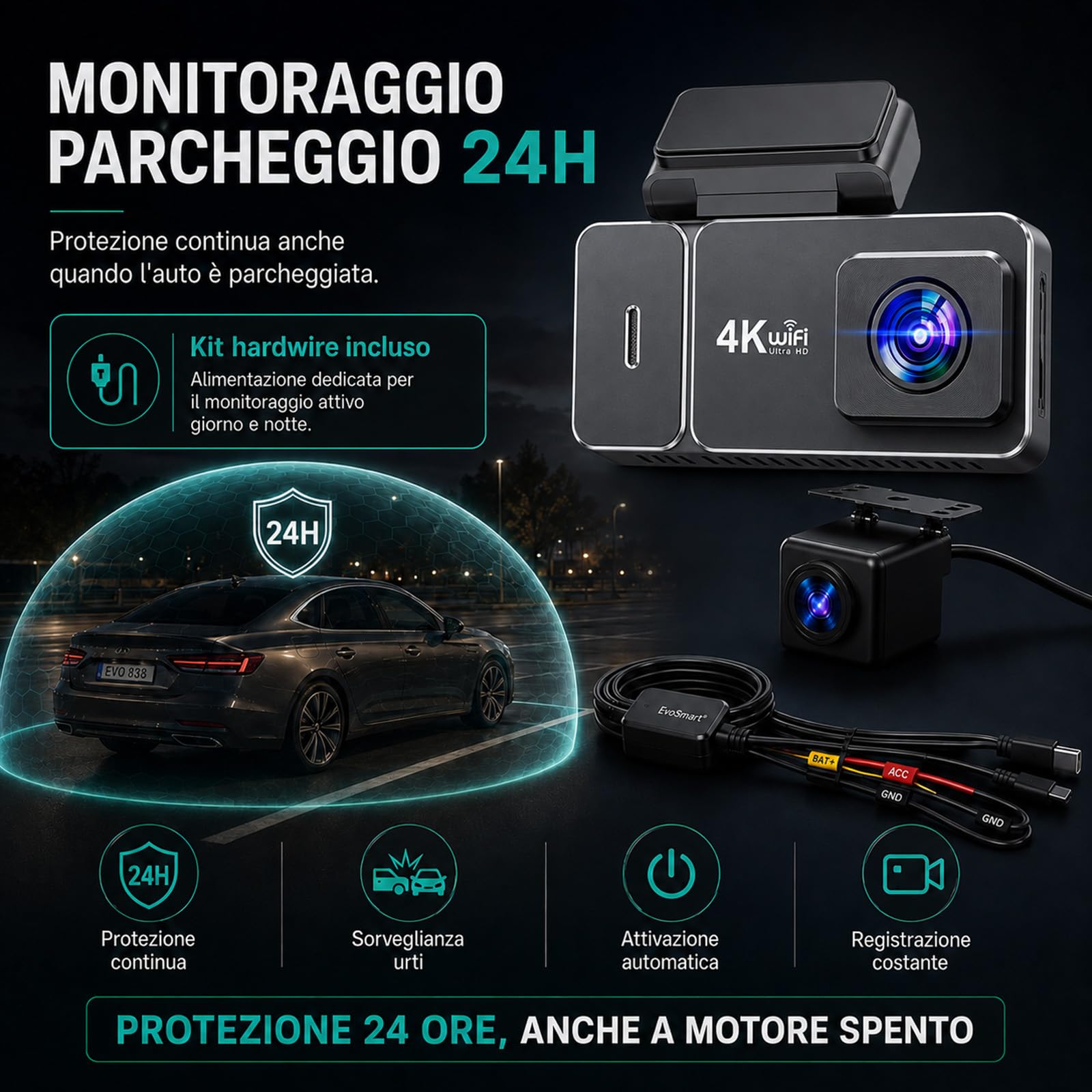 EvoSmart Dashcam 1080P, WiFi con App, Telecamera Auto Impermeabile IP68 | Il supercondensatore è adatto al calore dell’abitacolo e offre prestazioni più stabili nell’uso quotidiano.
