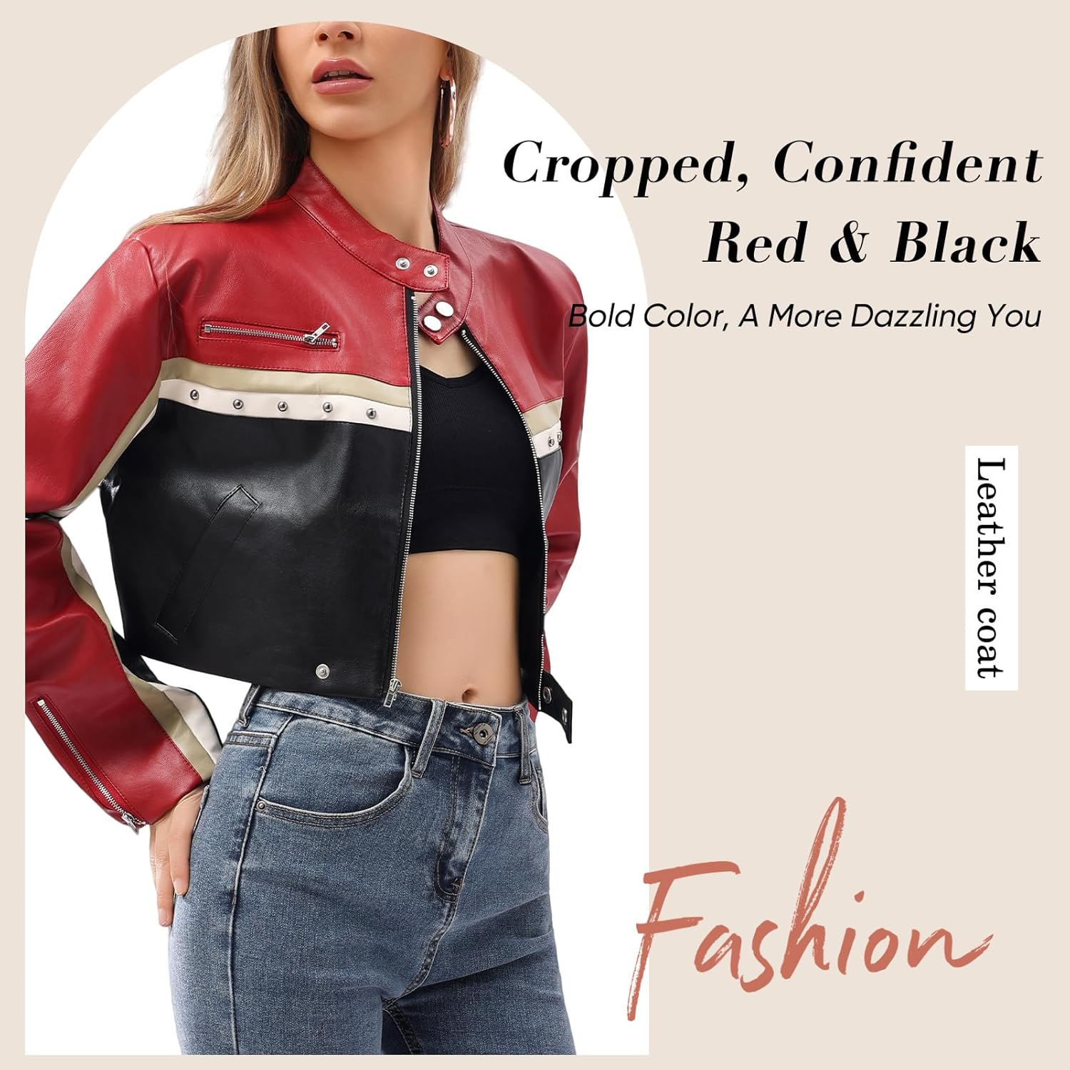 shamofeng Women Cropped Faux Leather Jacket Moto Biker Bomber Jackets Zip Up Motorcycle Coats - Image 3